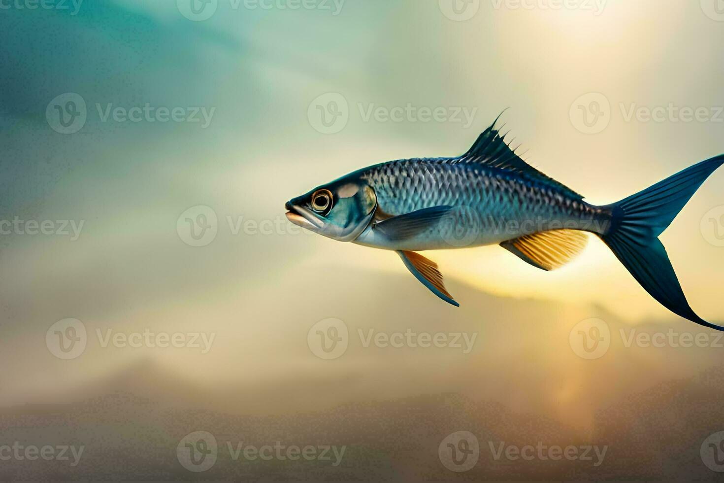 a fish is flying in the air with the sun in the background. AI-Generated photo