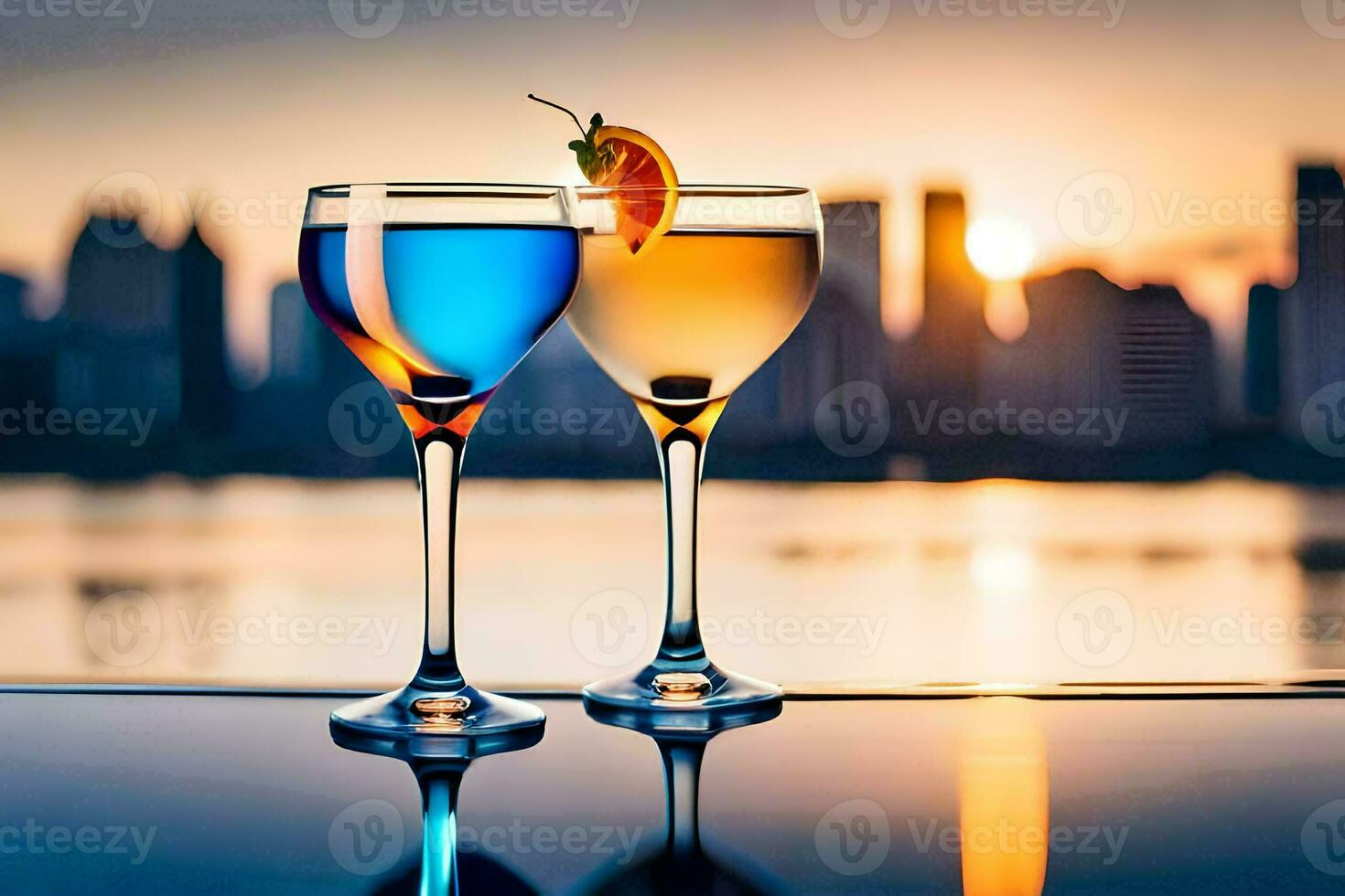 two glasses of wine with a sunset in the background. AI-Generated photo