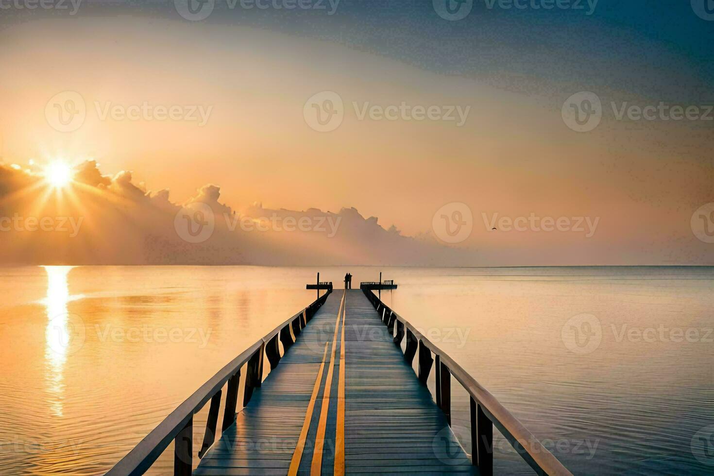 a pier with a boat on it at sunset. AI-Generated photo