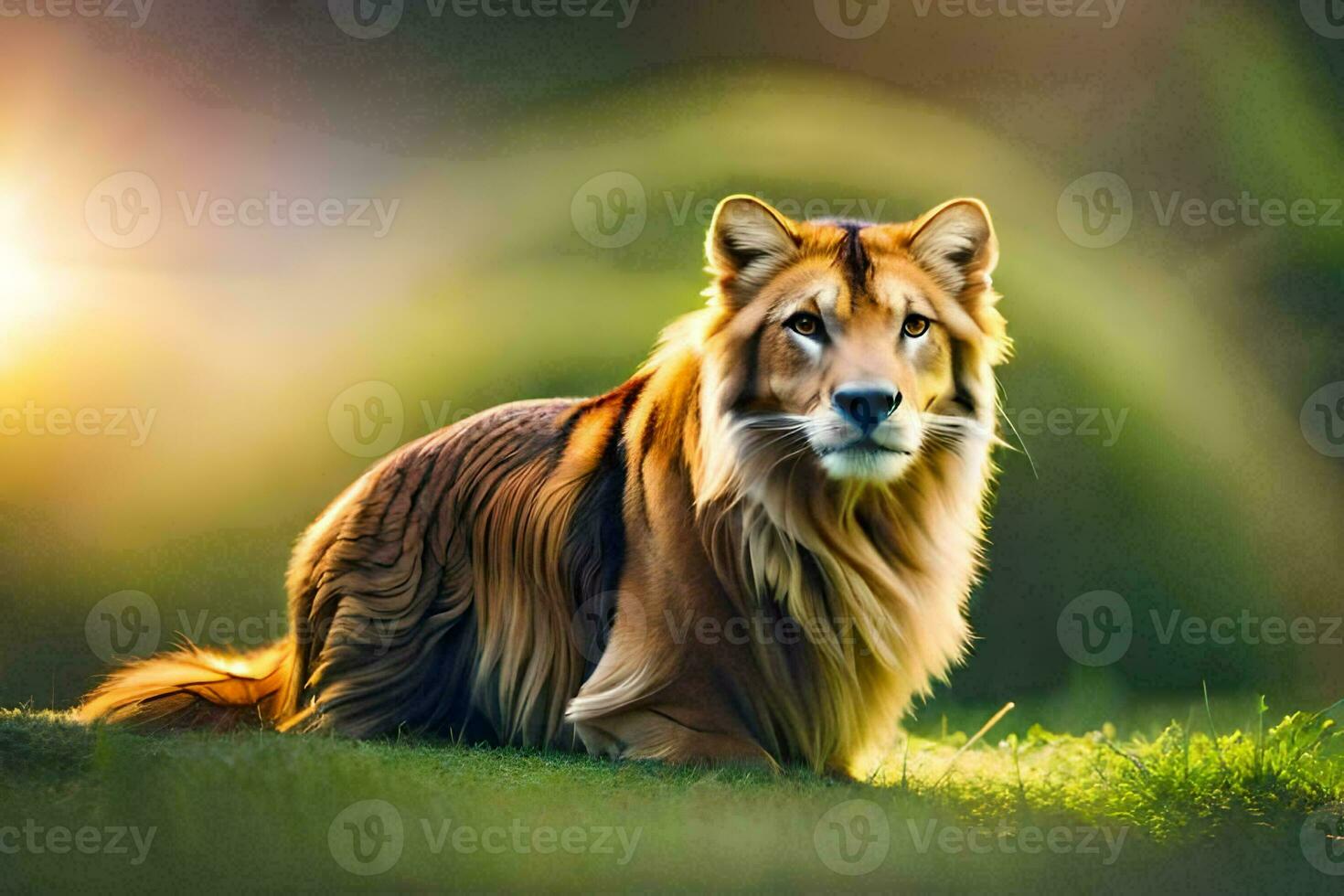 a lion is sitting in the grass at sunset. AI-Generated photo