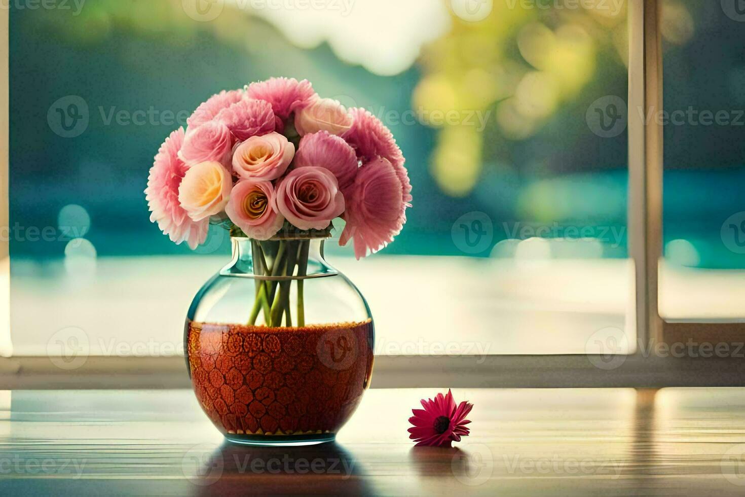 a vase with pink flowers sitting on a table near a window. AI-Generated photo
