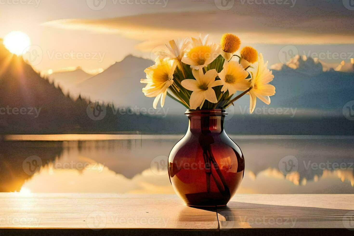 a vase with flowers on a table in front of a lake. AI-Generated photo