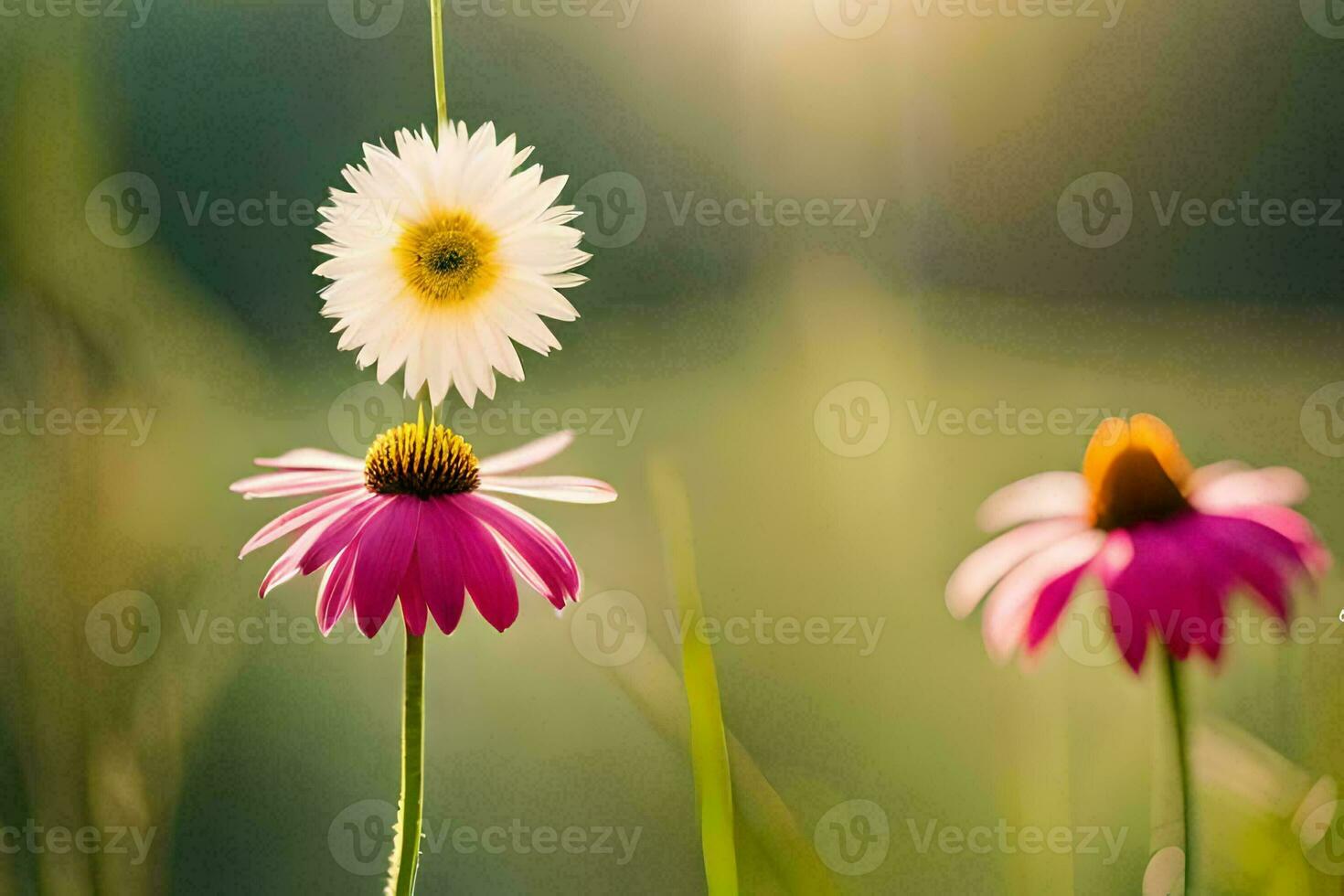 two flowers are standing in the grass with the sun shining. AI-Generated photo