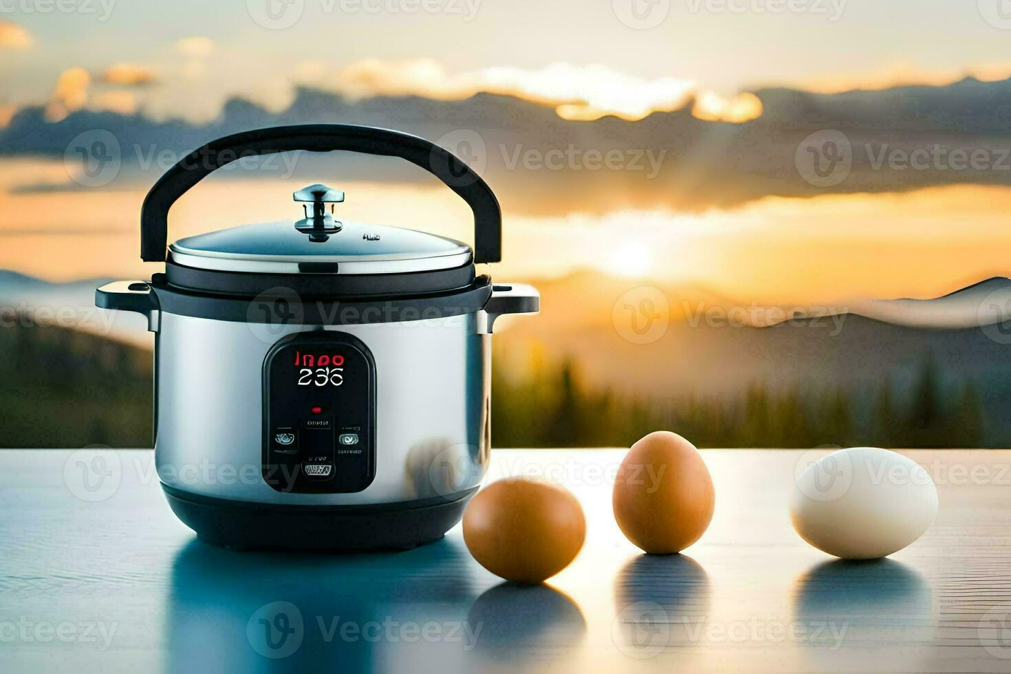 an electric pressure cooker with eggs and a mountain view. AI-Generated photo