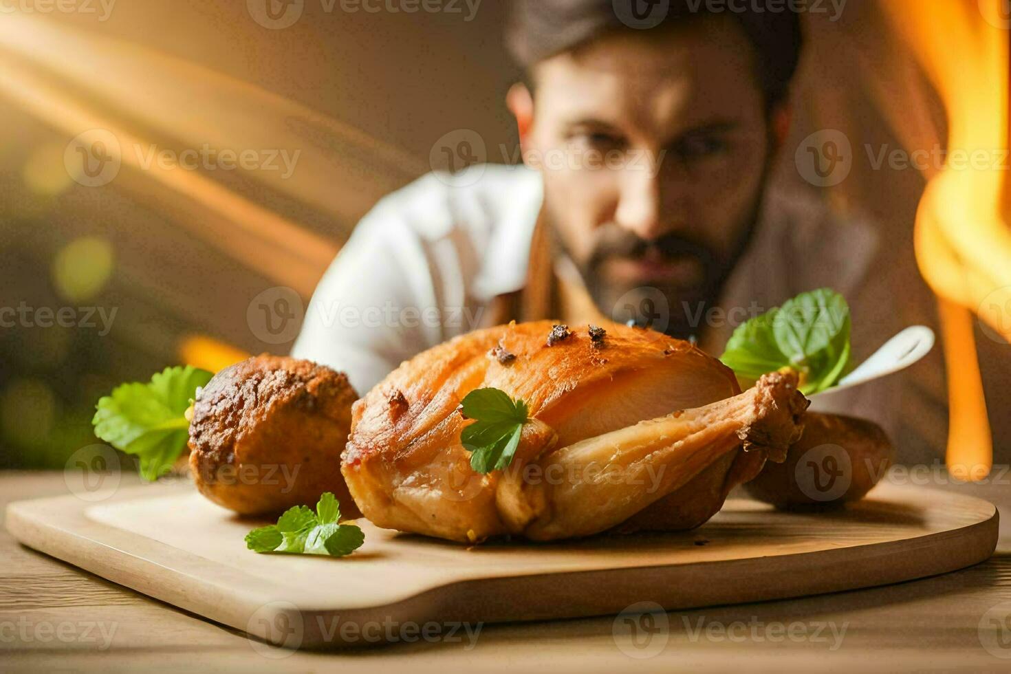 un hombre es mirando a un pollo en un corte tablero. generado por ai foto