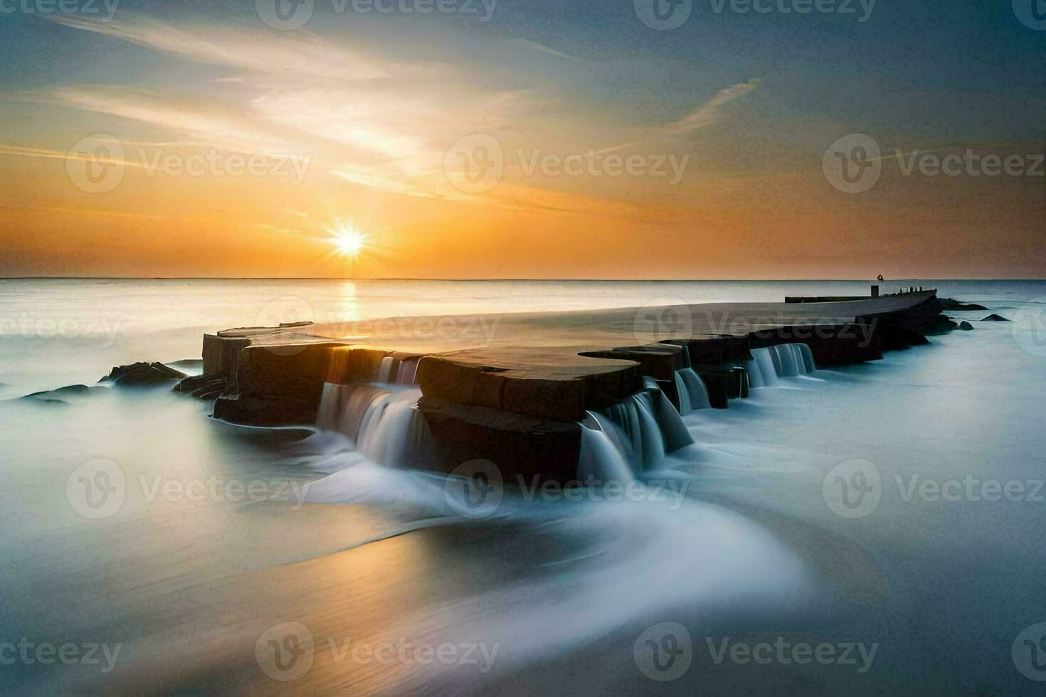 a long exposure photograph of a man standing on a pier at sunset. AI-Generated photo