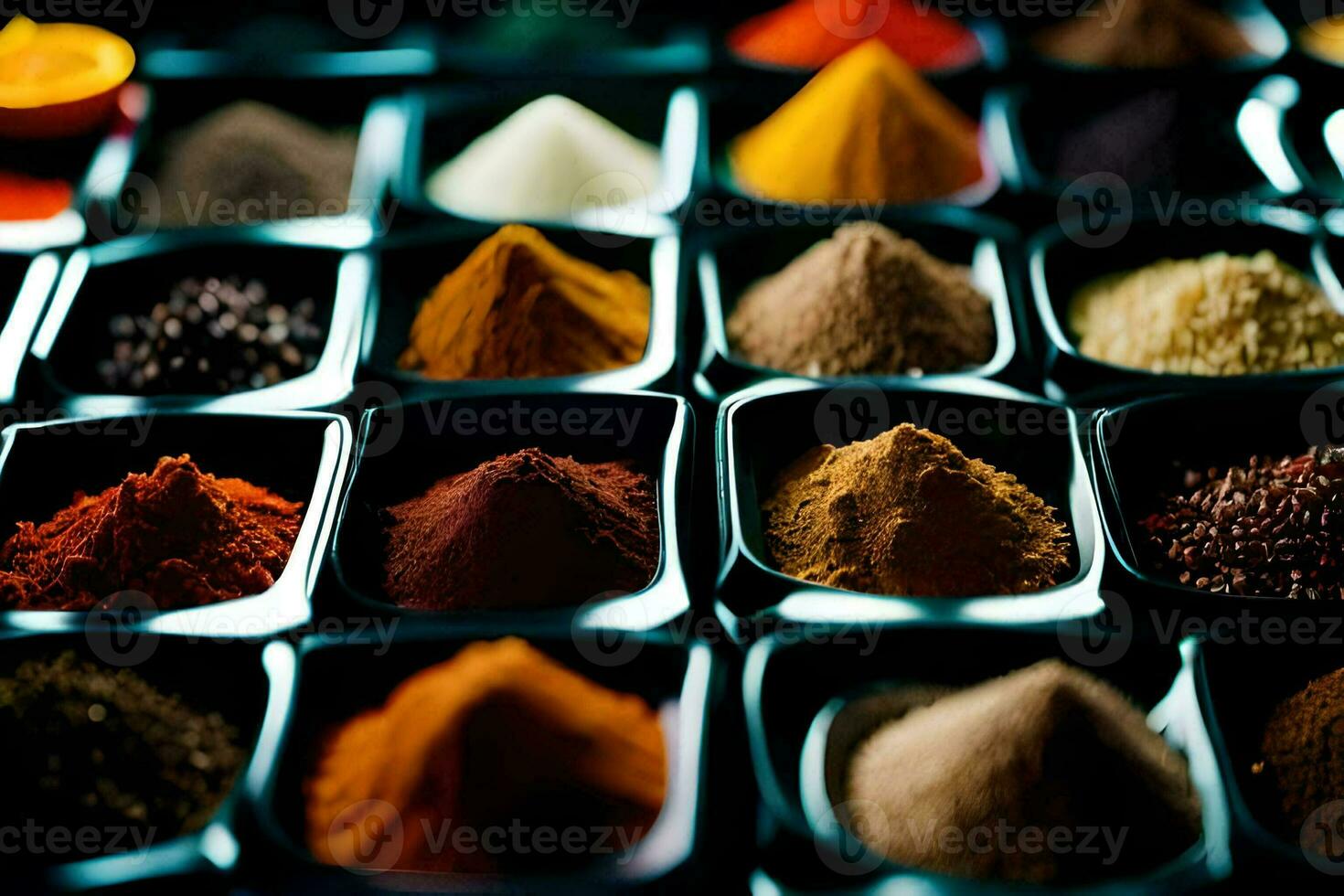 a variety of spices are arranged in small containers. AI-Generated photo