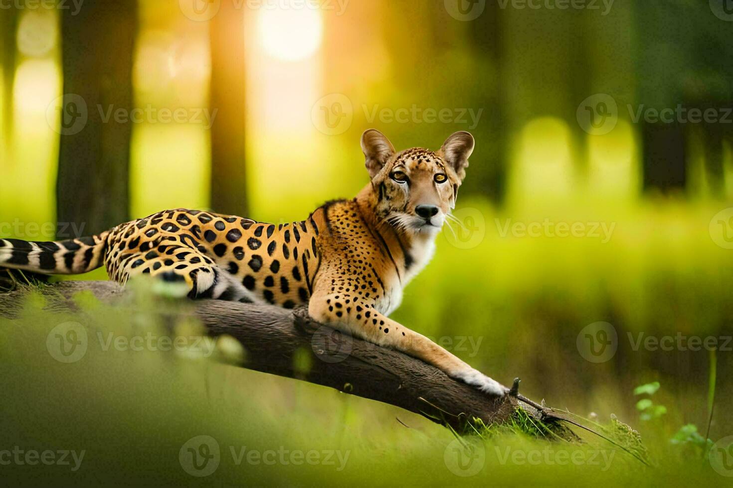 a leopard is sitting on a log in the forest. AI-Generated photo
