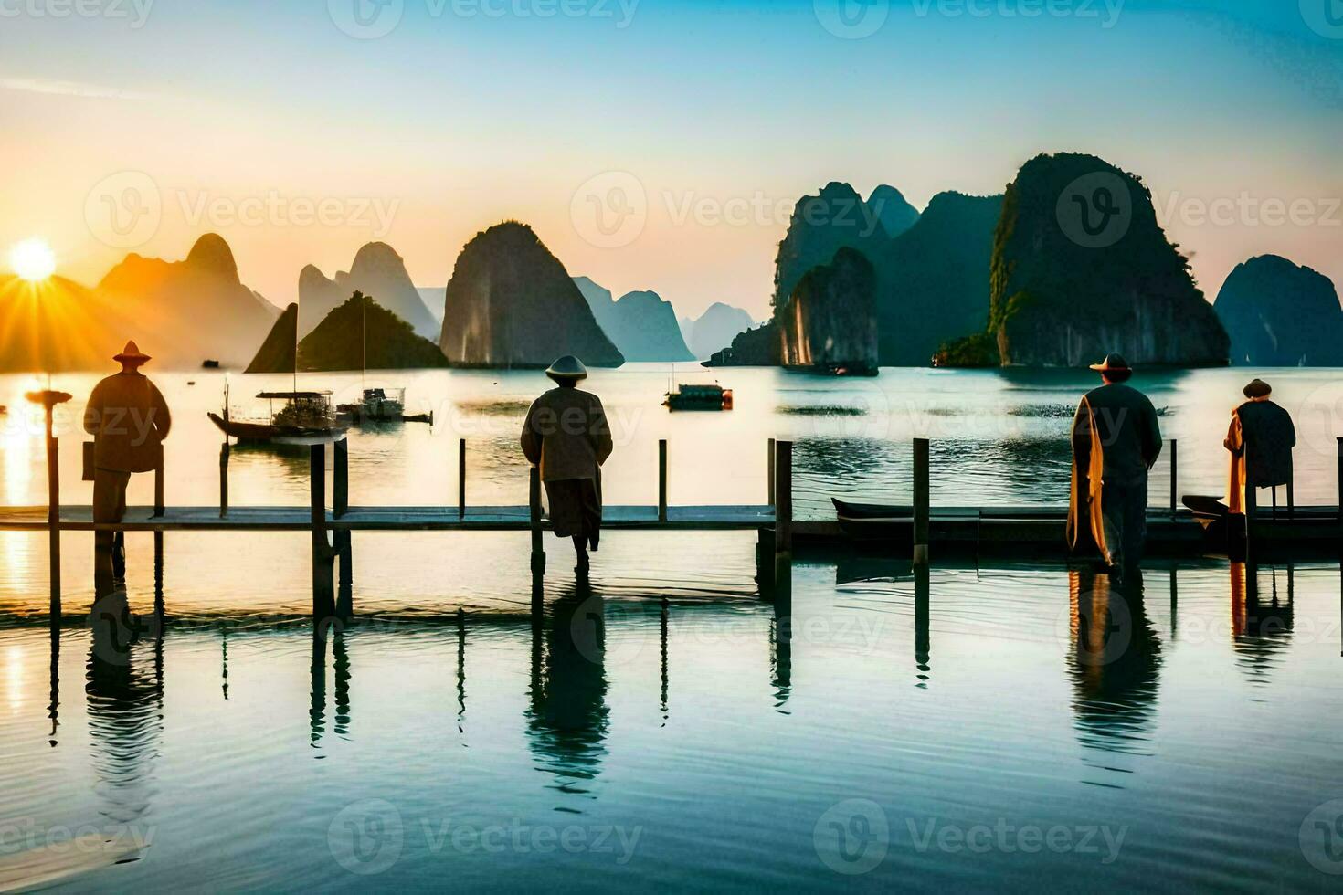 people standing on a dock at sunset with mountains in the background. AI-Generated photo