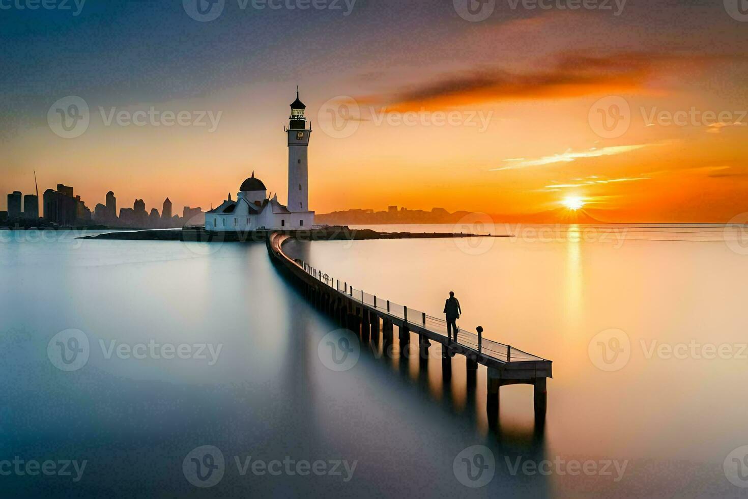 un hombre soportes en un muelle mirando a un faro a puesta de sol. generado por ai foto