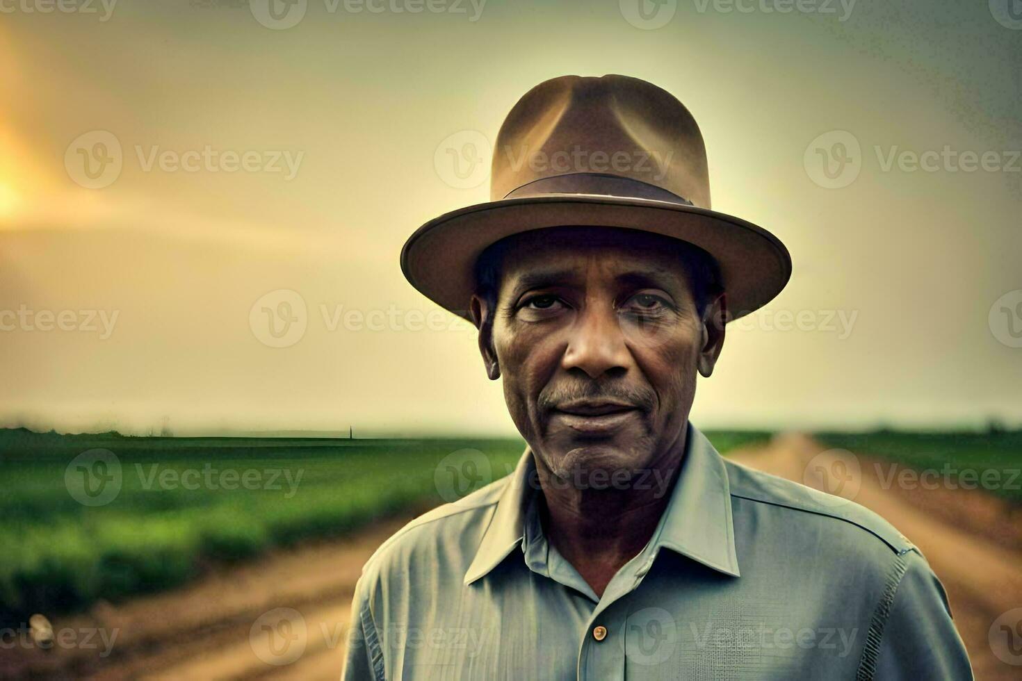 a man in a hat standing in a field. AI-Generated photo