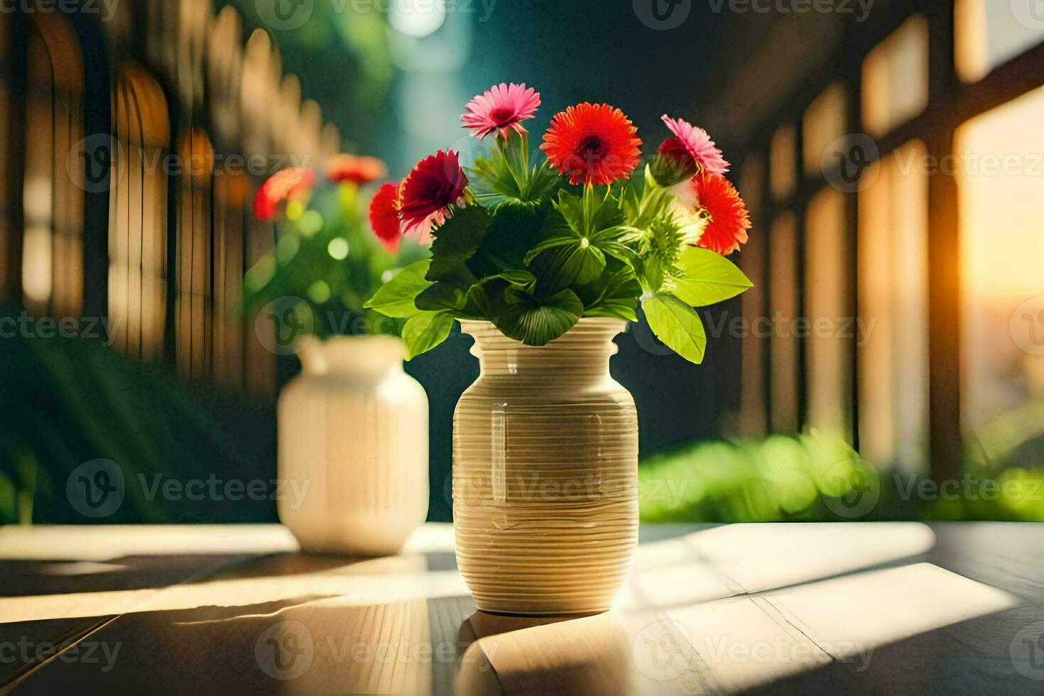 two vases with flowers on a table in front of a window. AI-Generated photo
