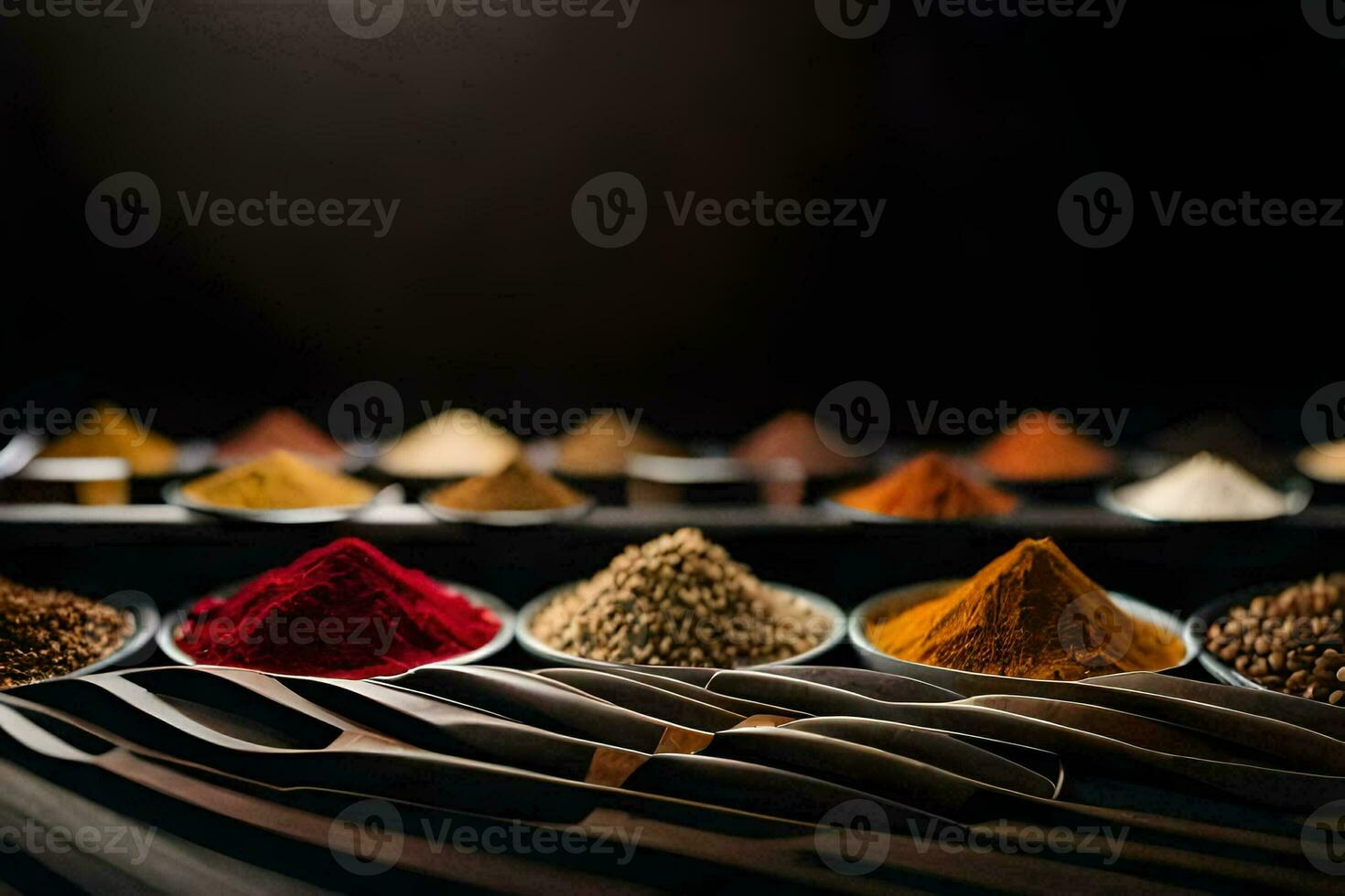 spices in a tray on a black background. AI-Generated photo