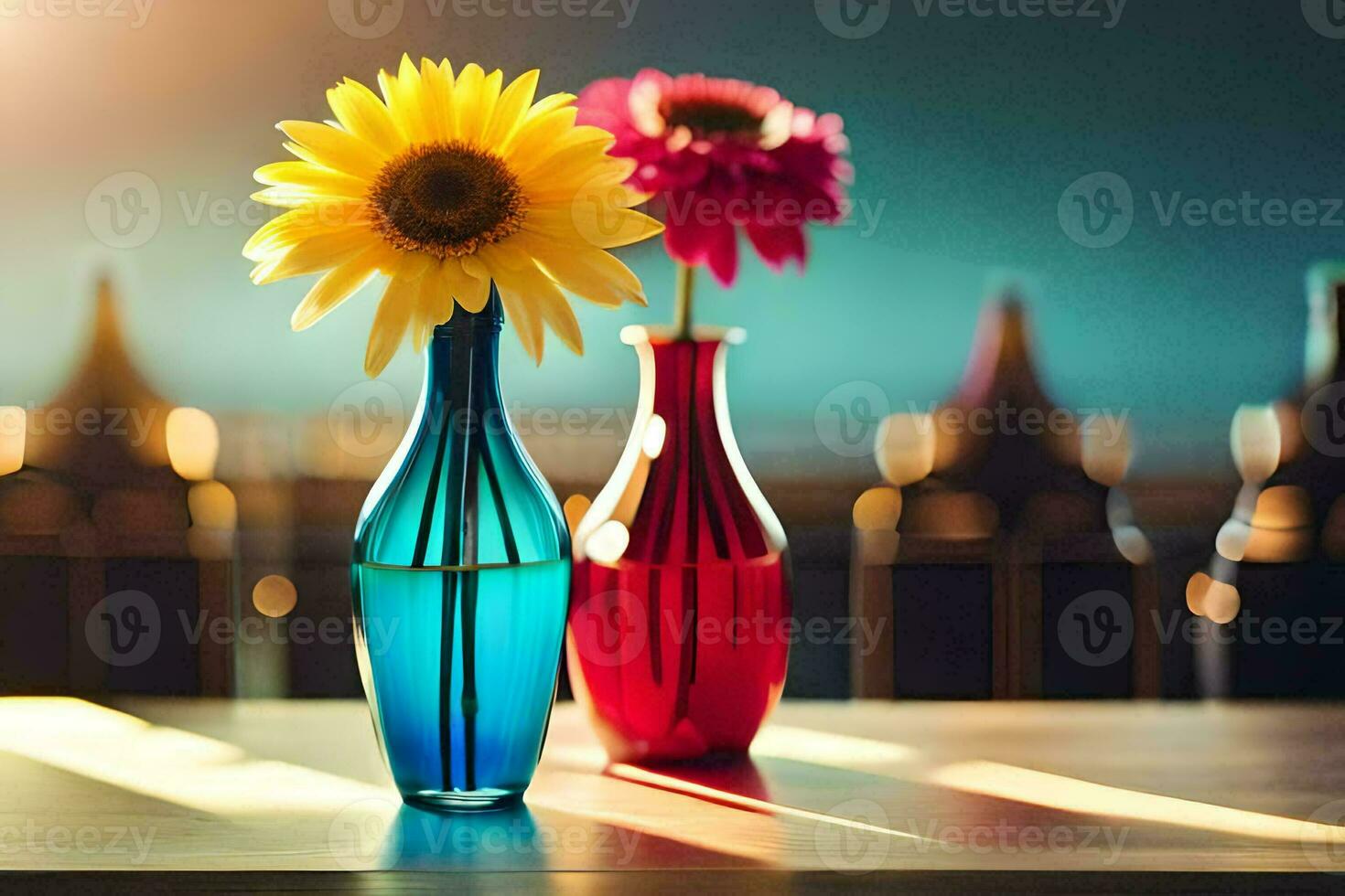 two colorful vases with flowers on a table. AI-Generated photo