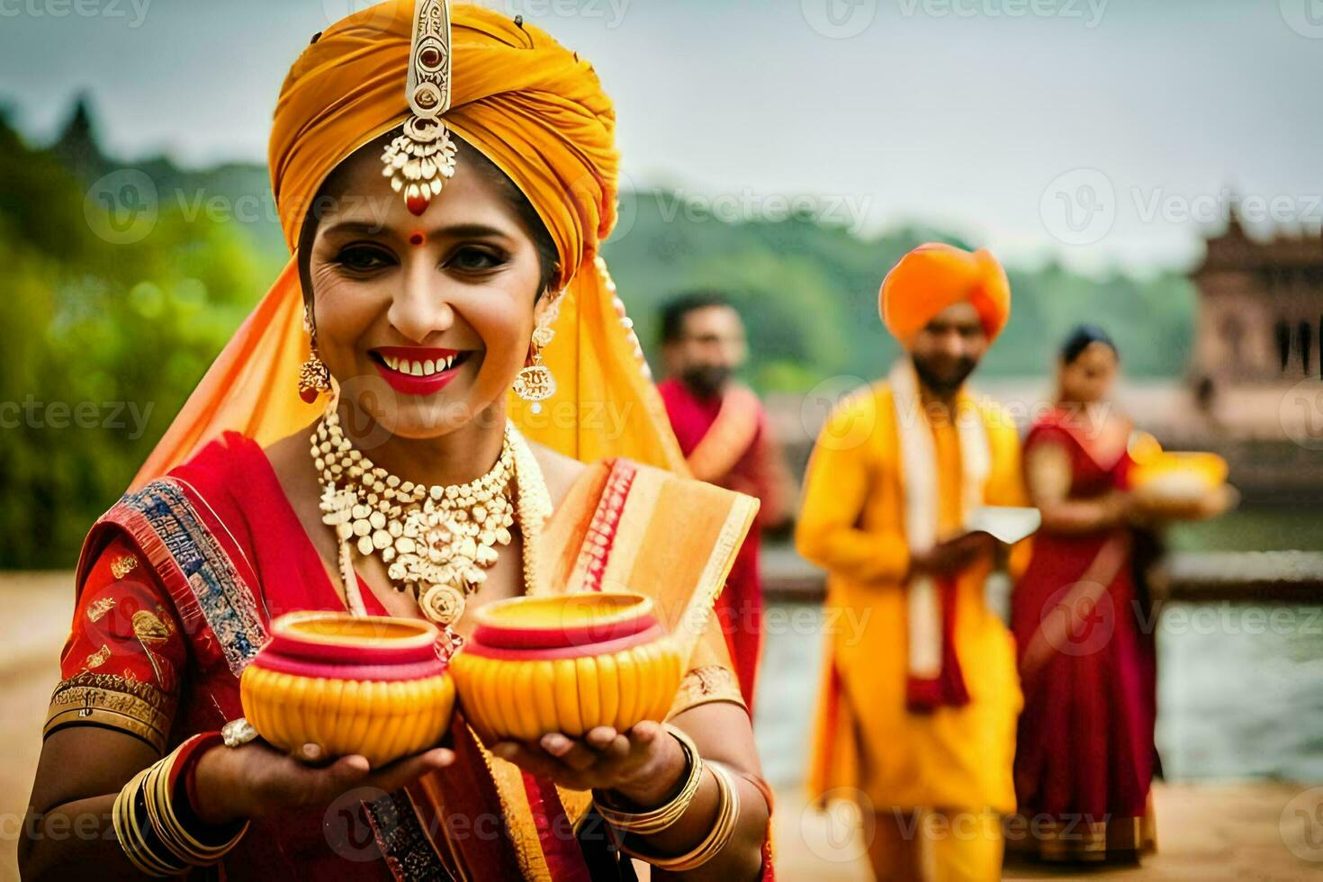 un mujer en tradicional indio atuendo participación un bol. generado por ai foto