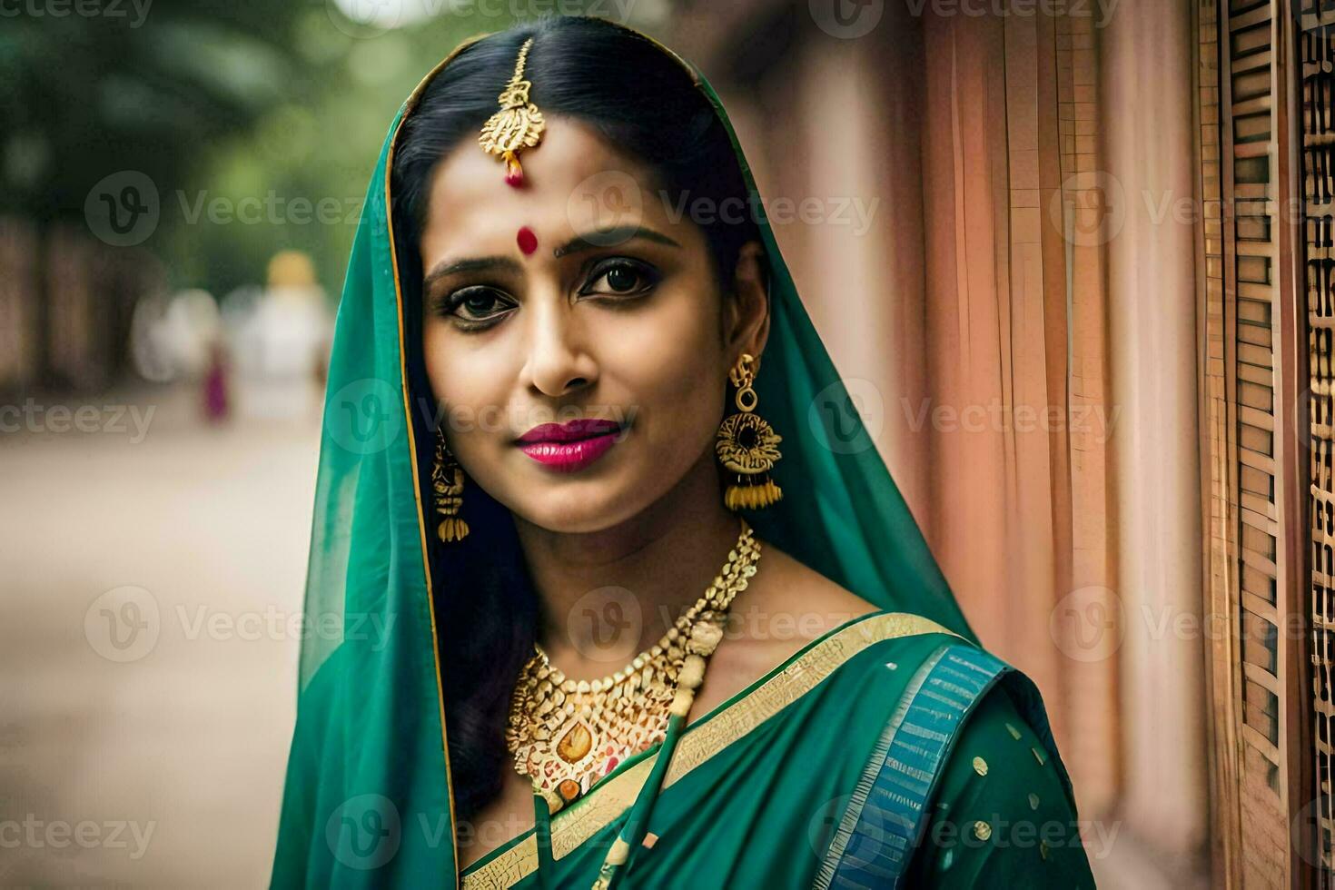 a beautiful indian woman in a green sari. AI-Generated photo