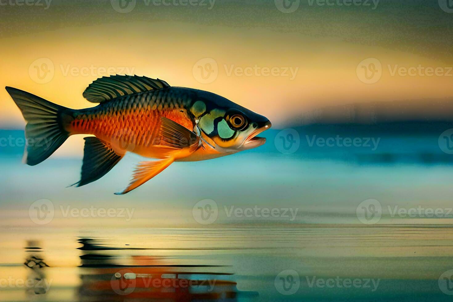 a fish is flying over the water at sunset. AI-Generated photo