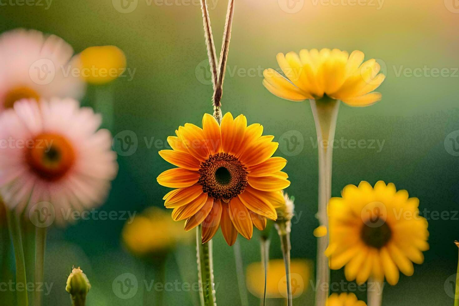 yellow flowers in a field with green grass. AI-Generated photo
