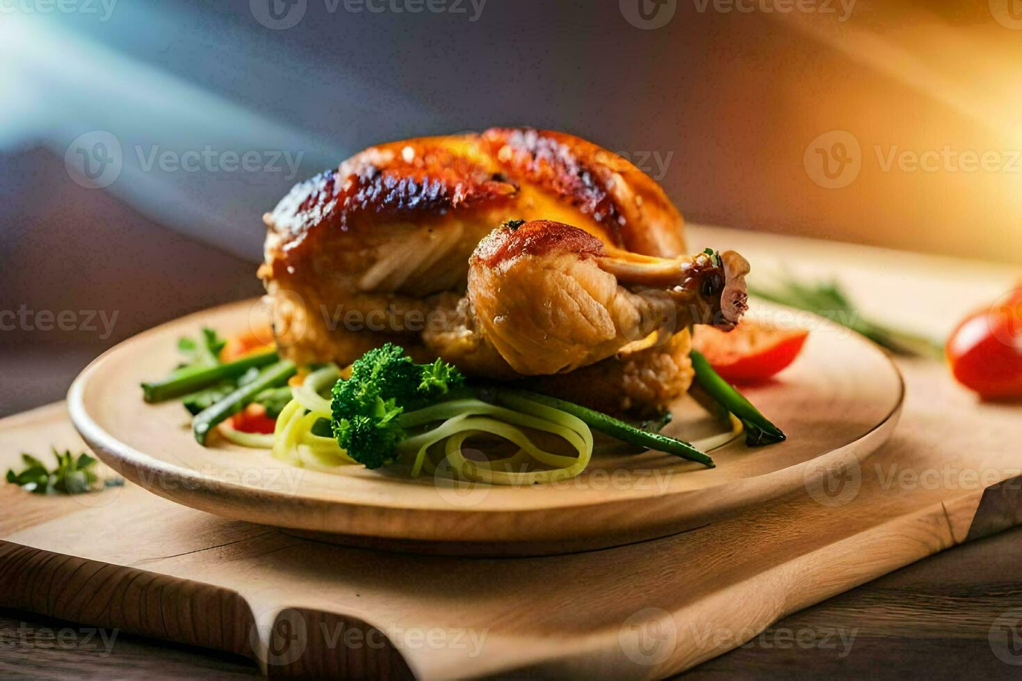 a chicken on a wooden cutting board with vegetables. AI-Generated photo