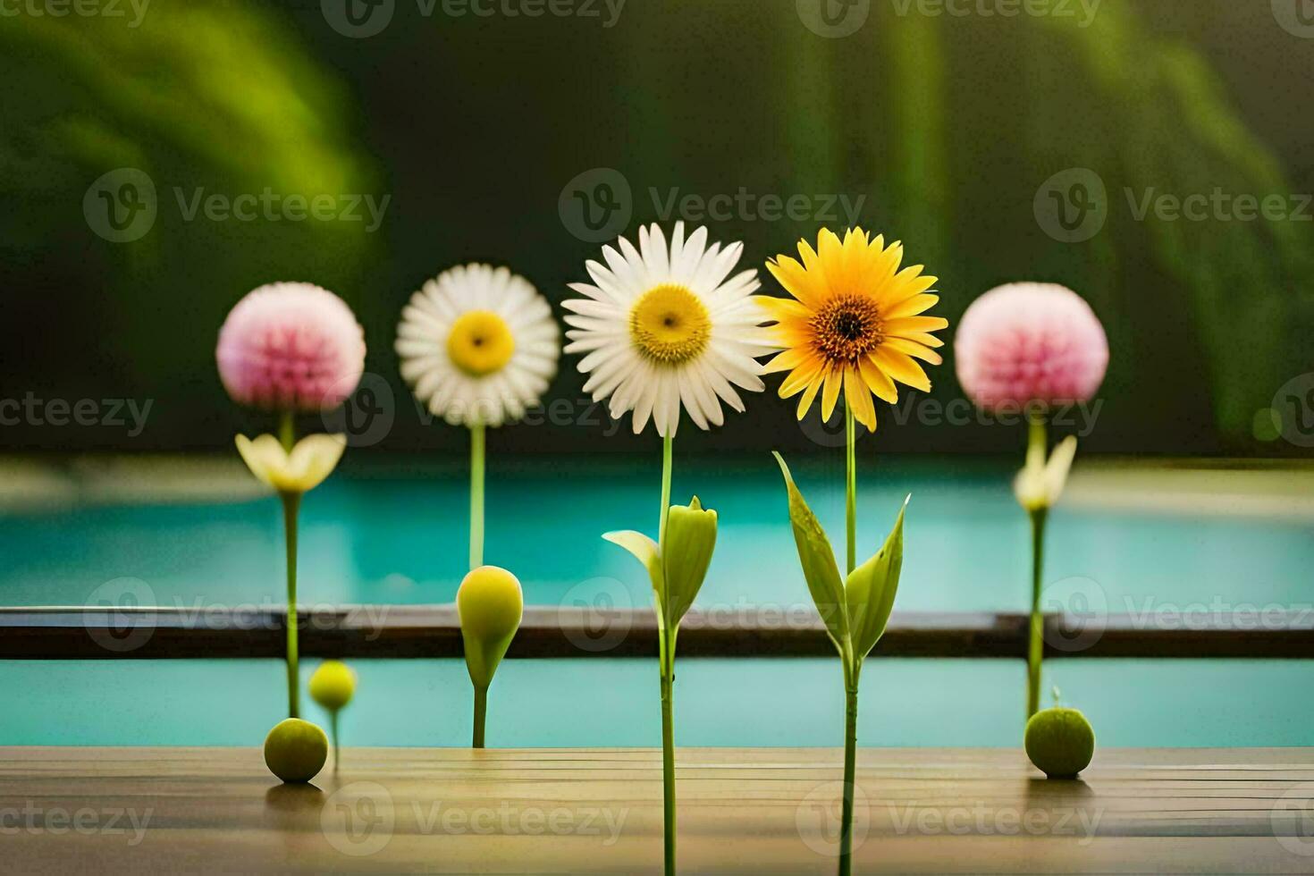 four flowers are sitting on a wooden table near a pool. AI-Generated photo