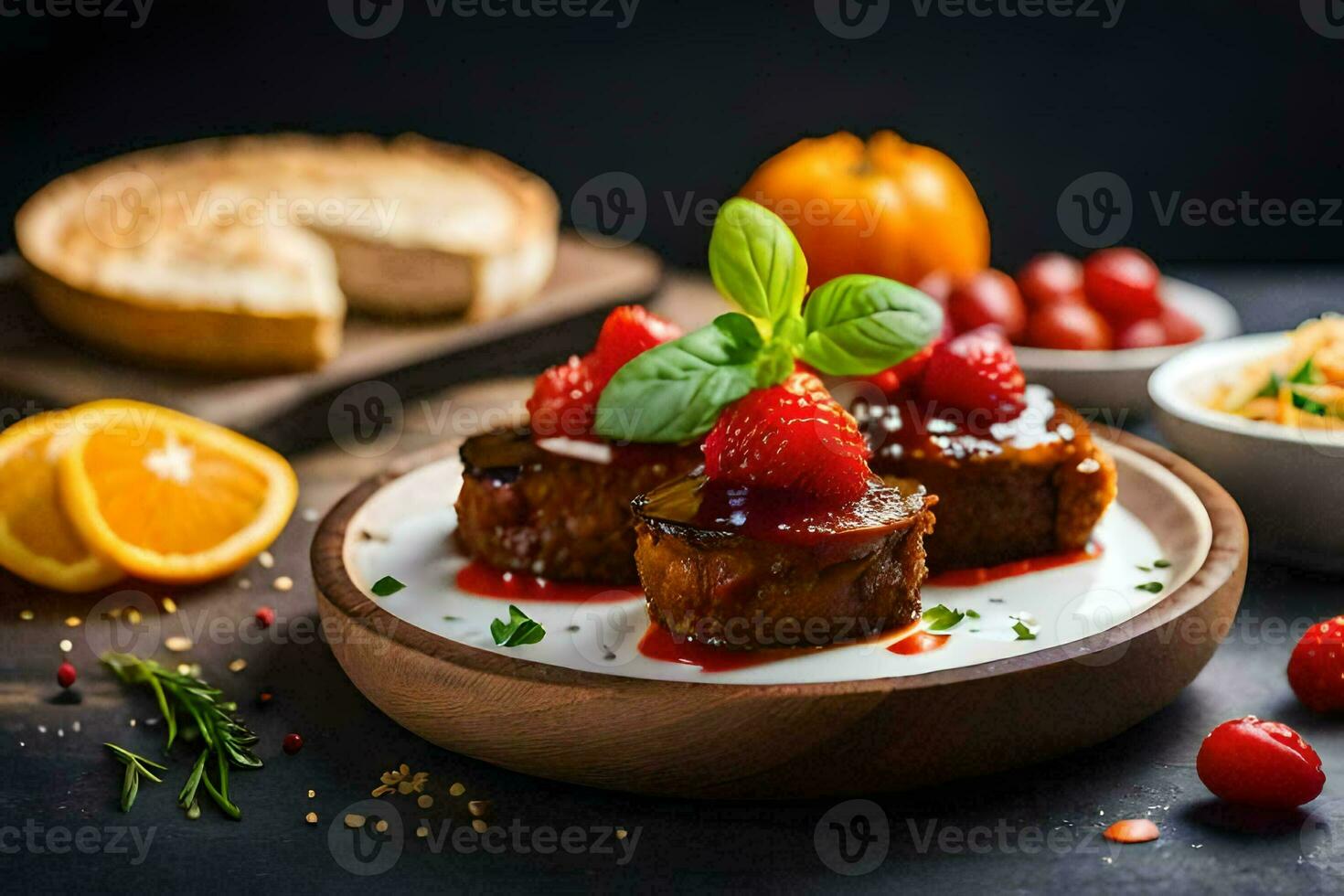 a plate of food with meat, fruit and vegetables. AI-Generated photo