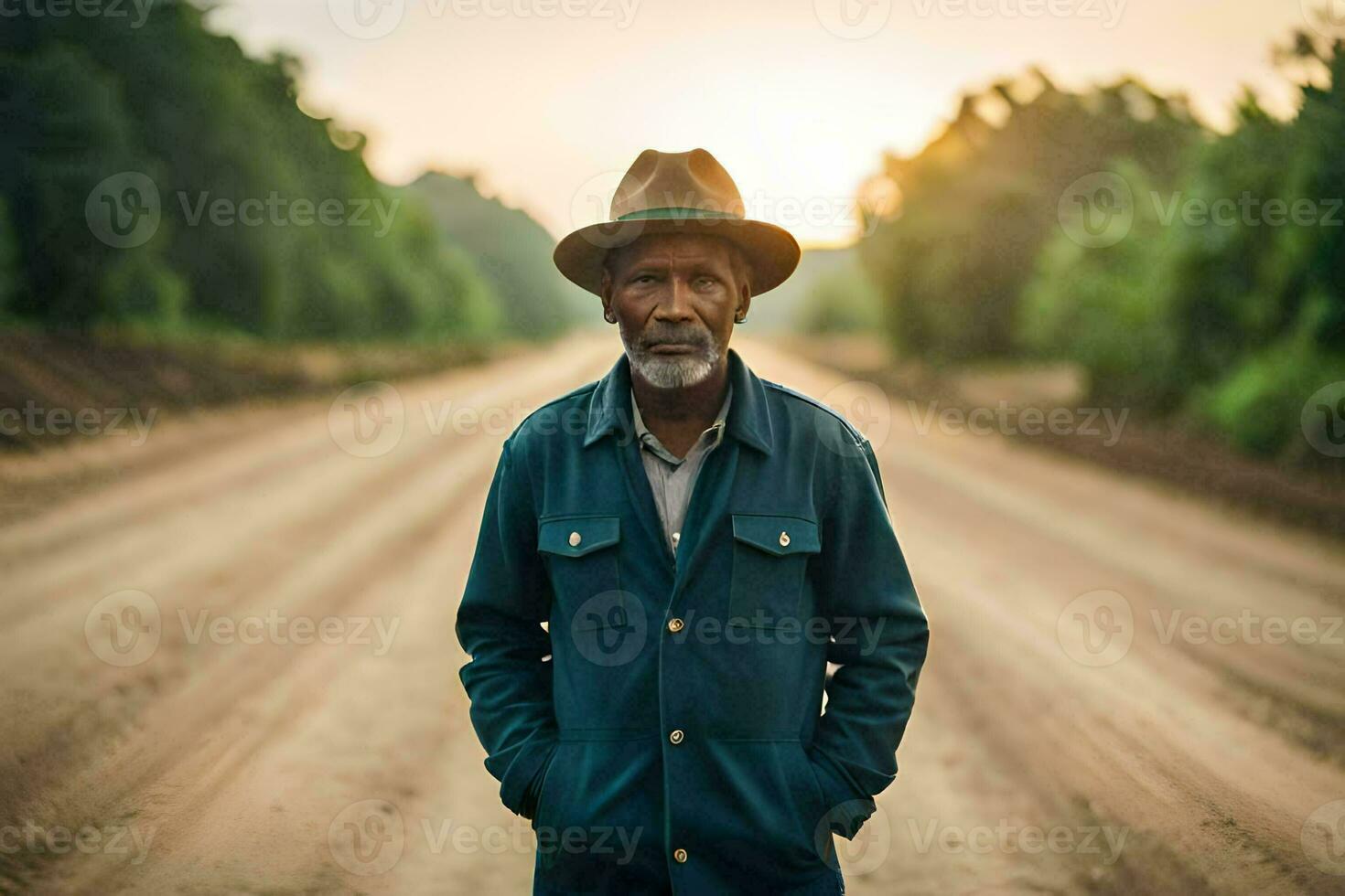 un más viejo hombre en pie en un suciedad la carretera. generado por ai foto