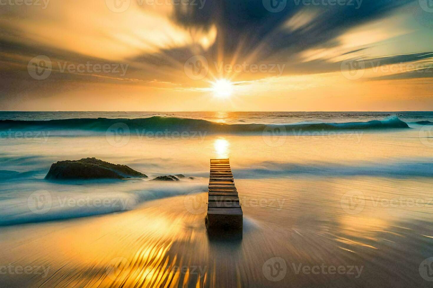 a wooden pier on the beach at sunset. AI-Generated photo