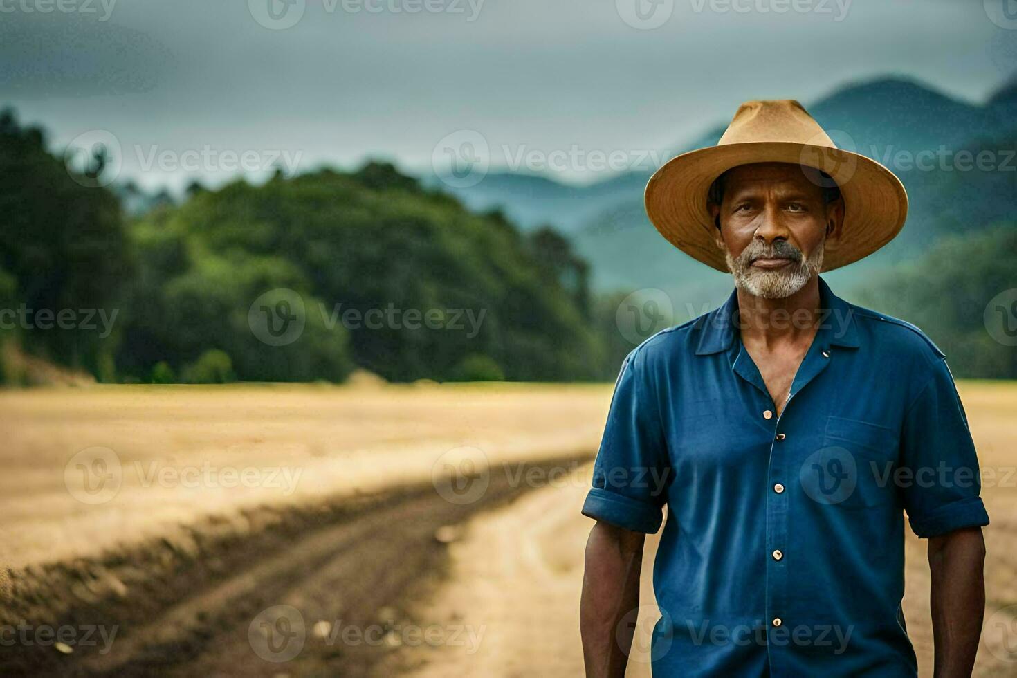 an african american man in a blue shirt and hat standing in a field. AI-Generated photo