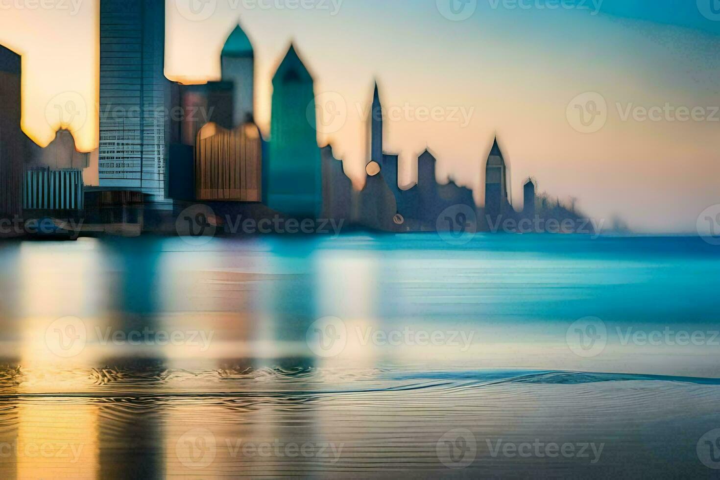 a city skyline is reflected in the water at sunset. AI-Generated photo