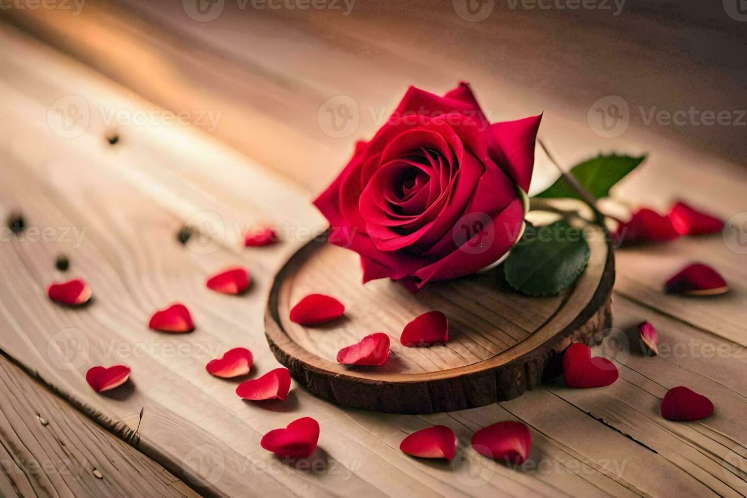 the rose is on a wooden table with petals scattered around it. AI-Generated photo