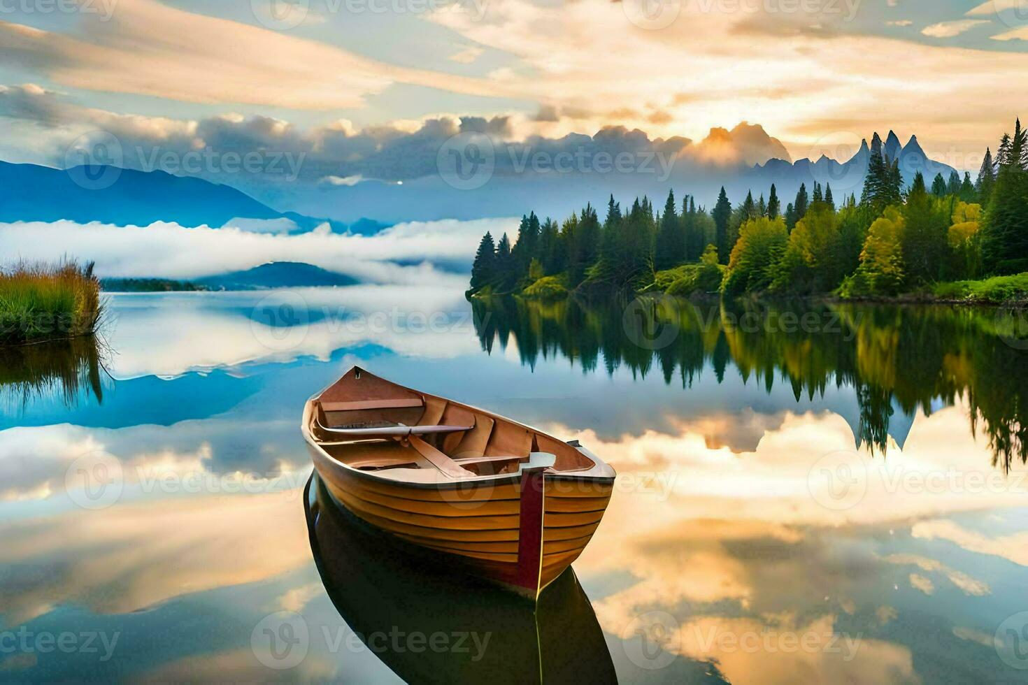 a boat on a lake at sunrise. AI-Generated photo