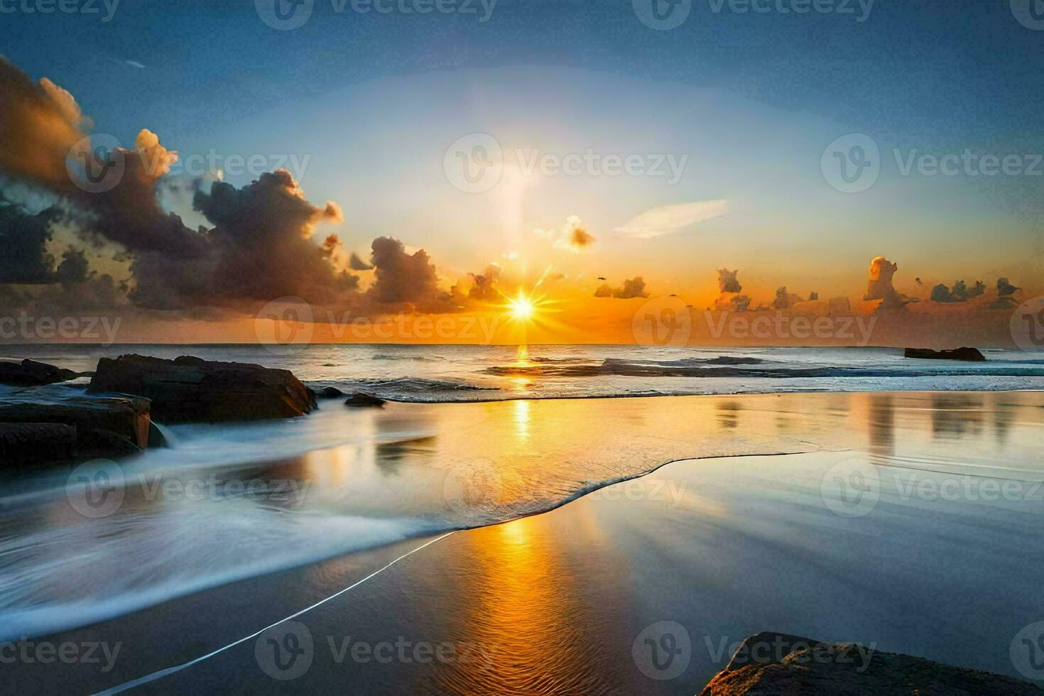 the sun rises over the ocean and rocks on the beach. AI-Generated photo