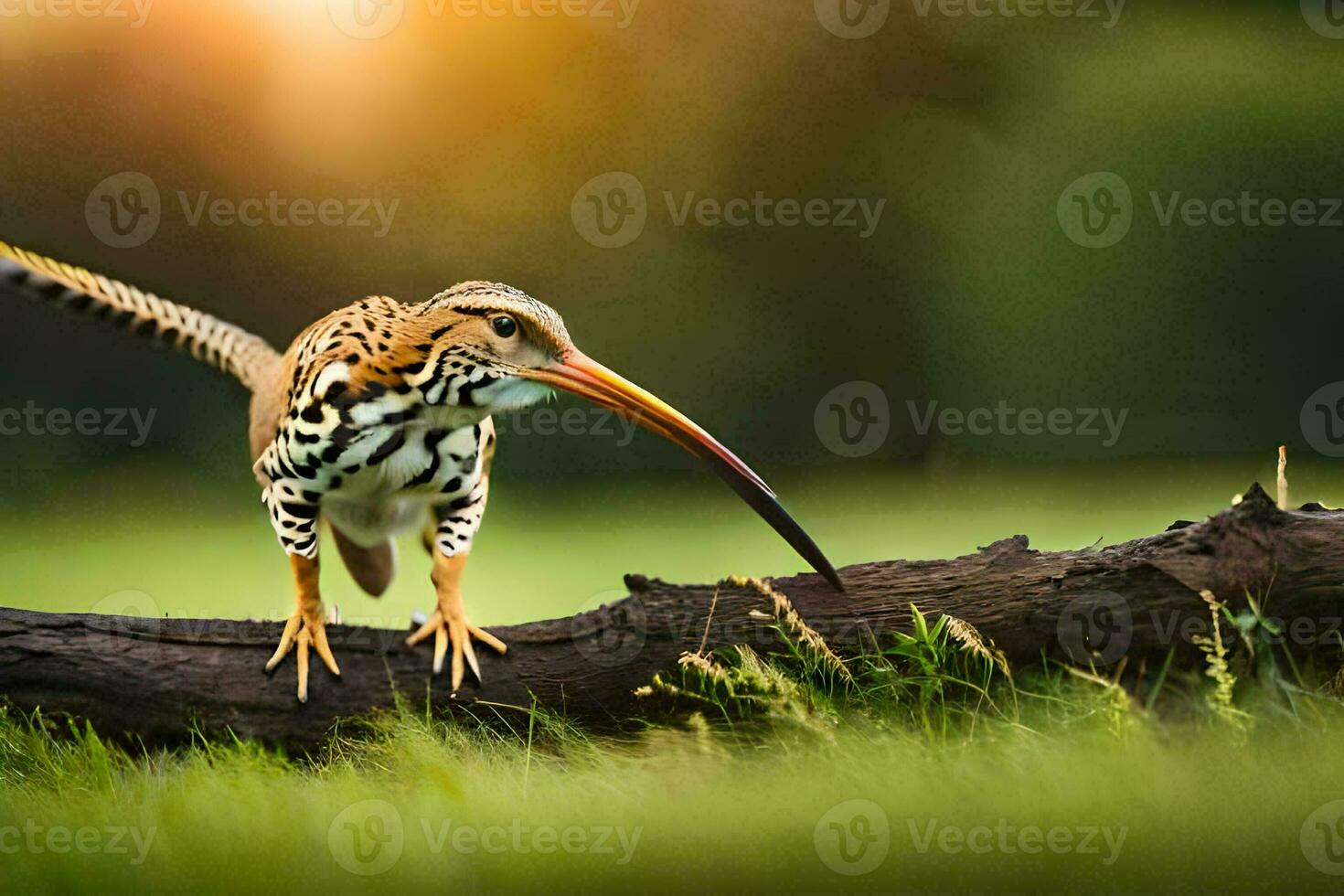 a bird with long beak and long tail standing on a branch. AI-Generated photo