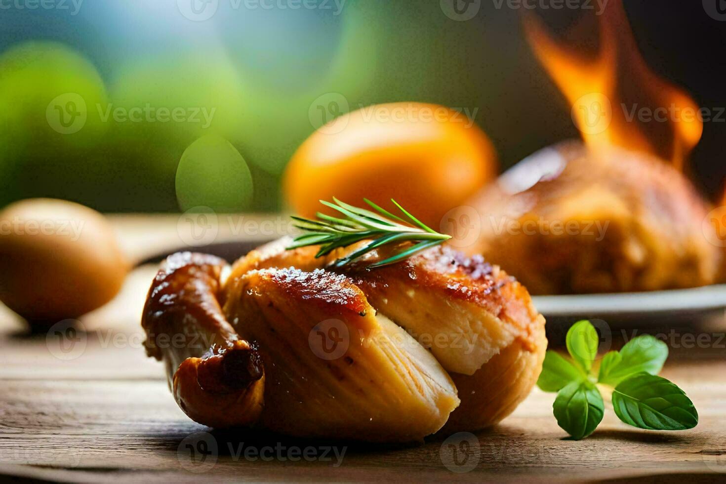 a chicken is sitting on a plate with herbs. AI-Generated photo