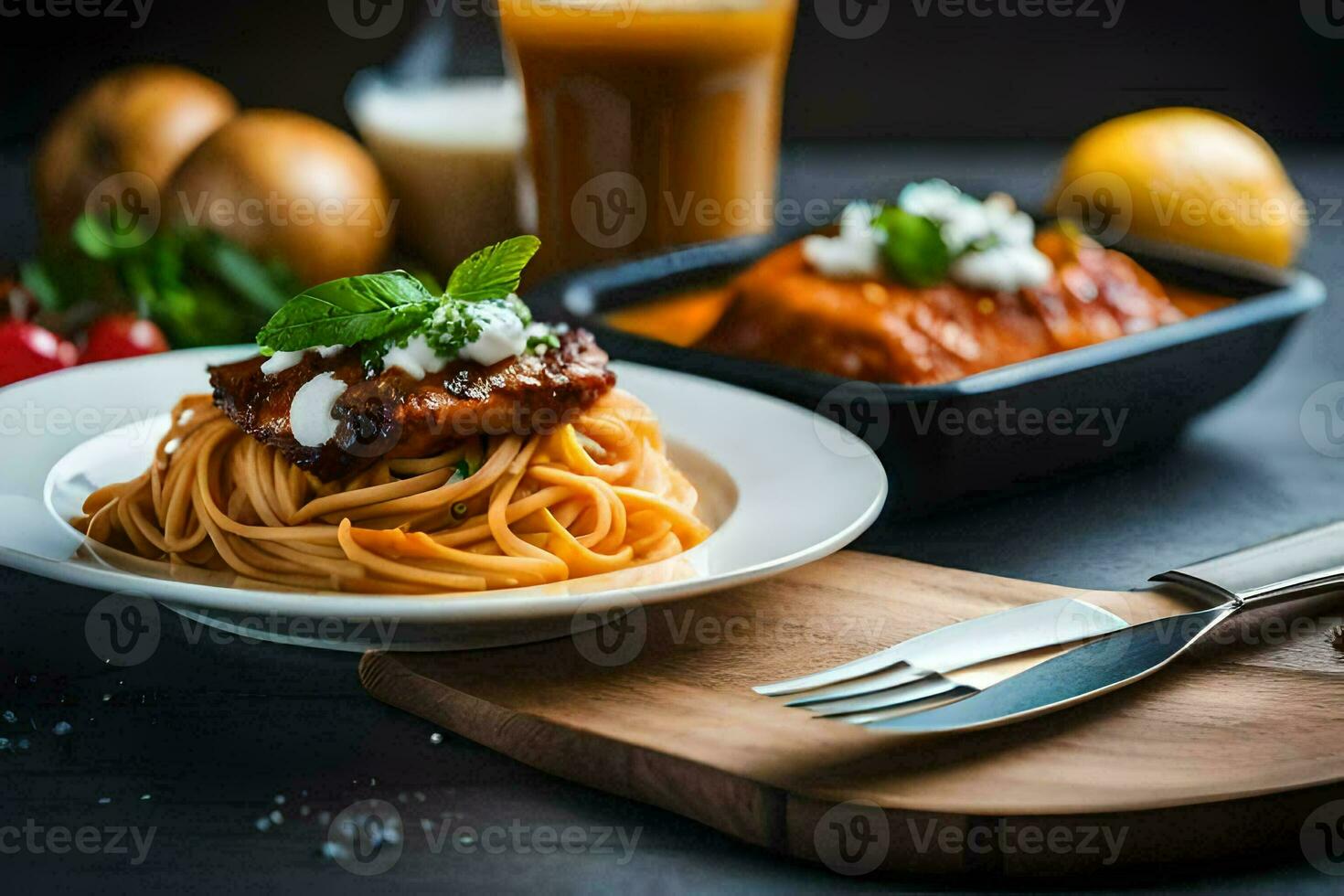 spaghetti with meat sauce and vegetables on a wooden table. AI-Generated photo
