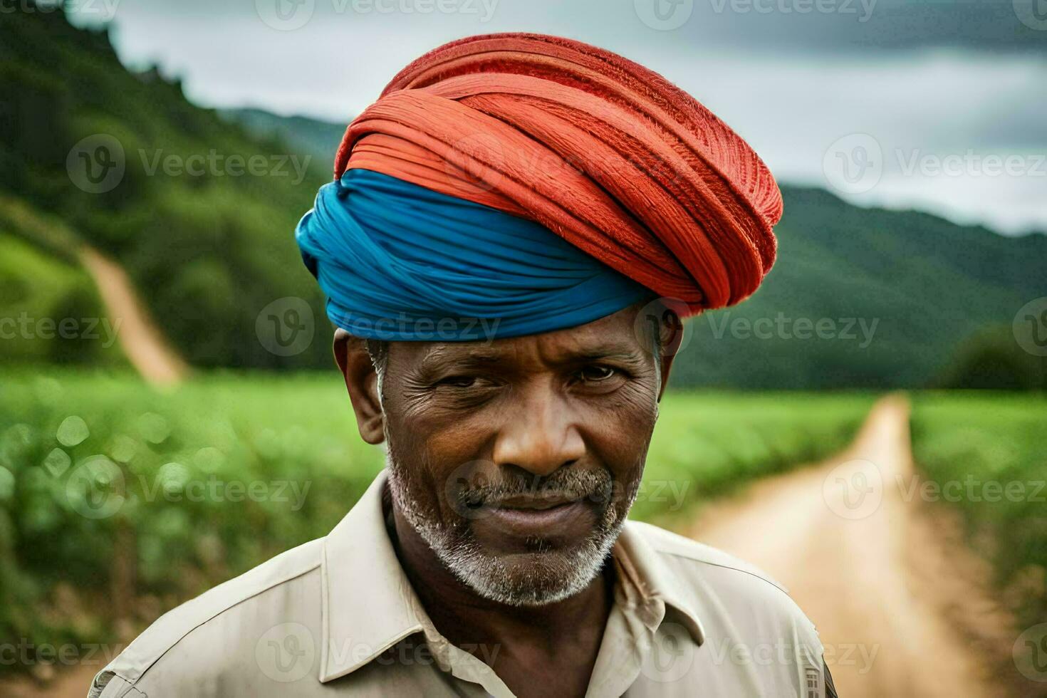 un hombre vistiendo un vistoso turbante en un suciedad la carretera. generado por ai foto