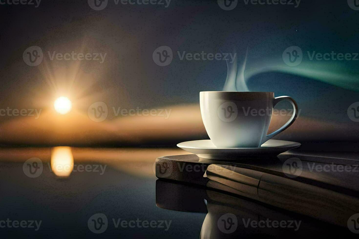 a cup of coffee on a table with a book in the background. AI-Generated photo