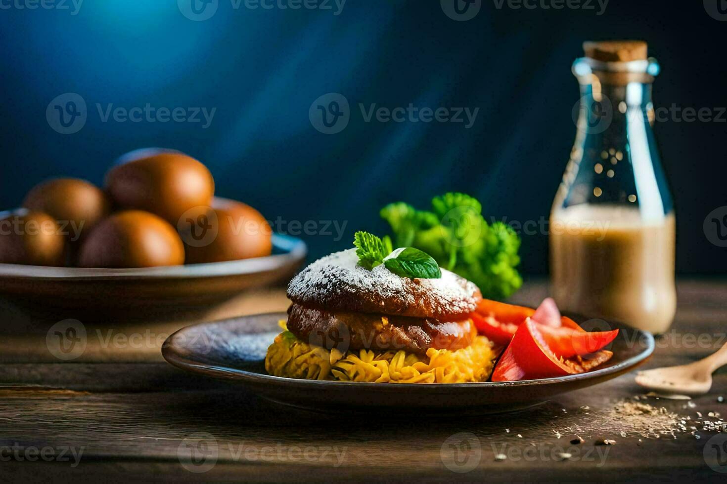 a plate with a burger, eggs and vegetables. AI-Generated photo