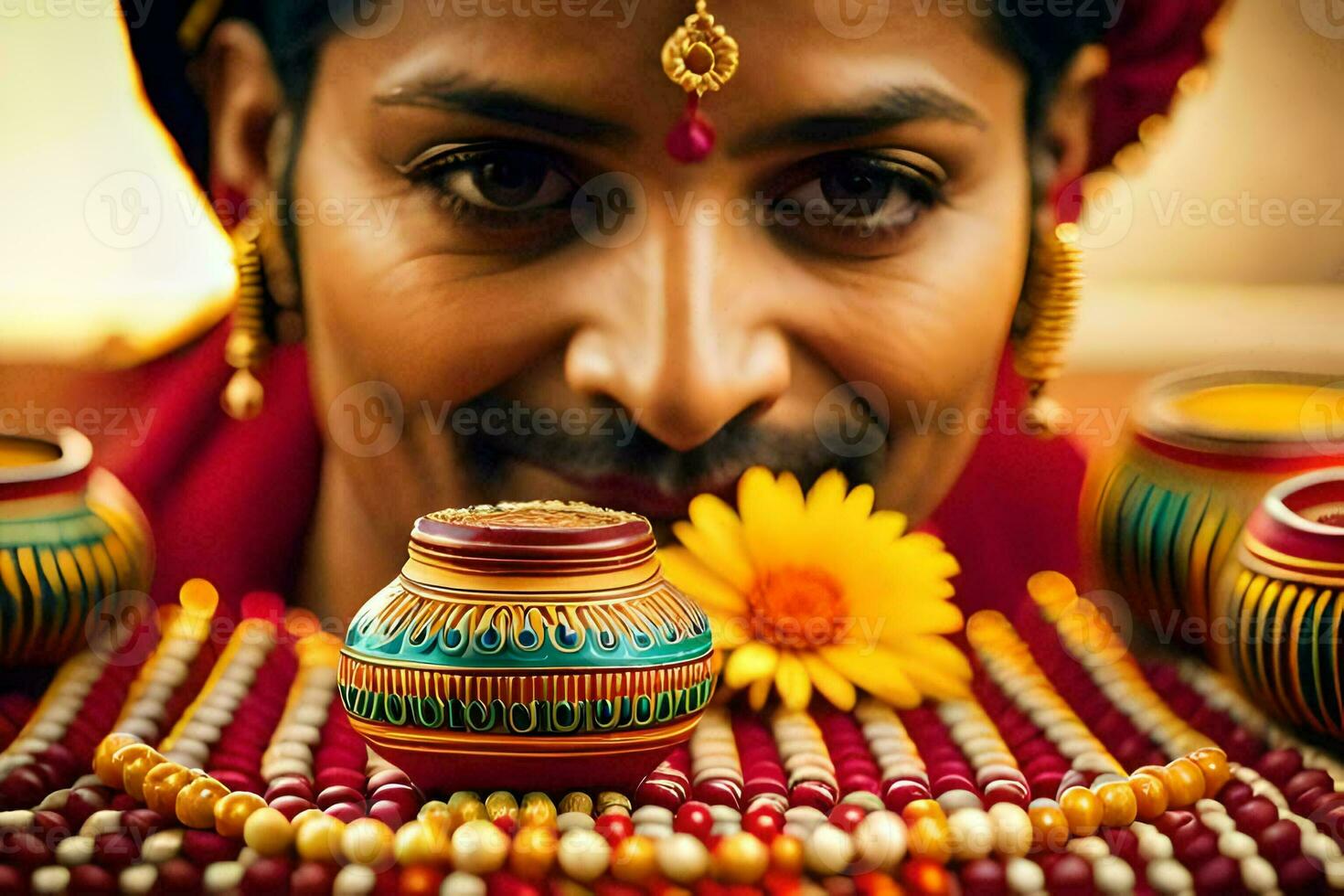 a man in traditional indian attire is holding a pot. AI-Generated photo