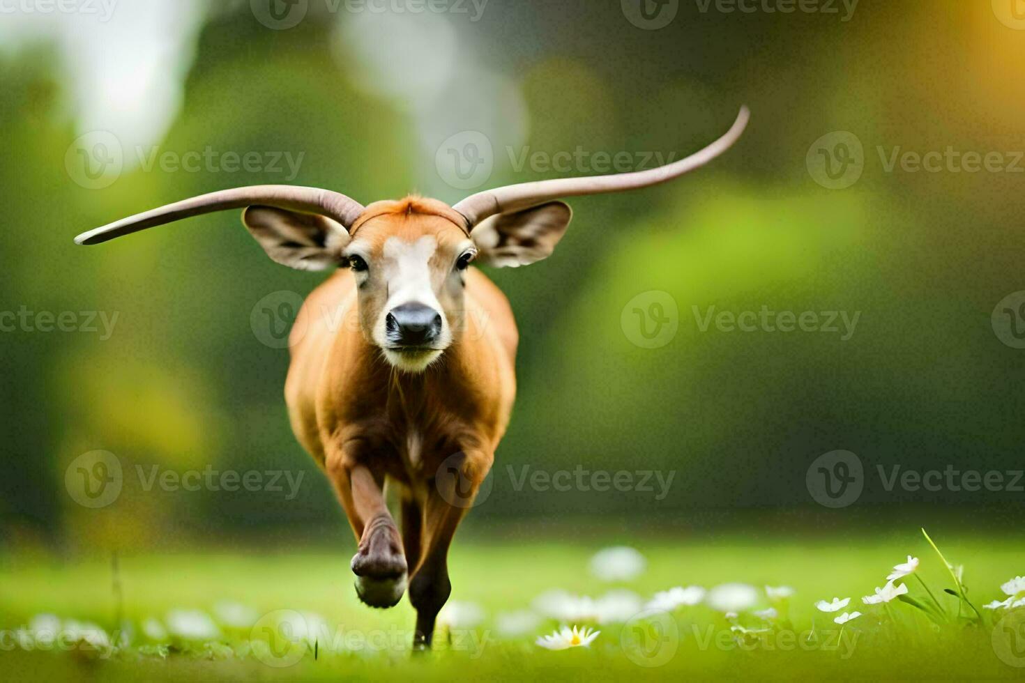 a long horned cow running through a field. AI-Generated photo