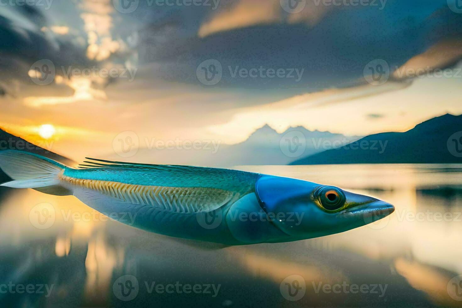 a fish floating in the water at sunset. AI-Generated photo