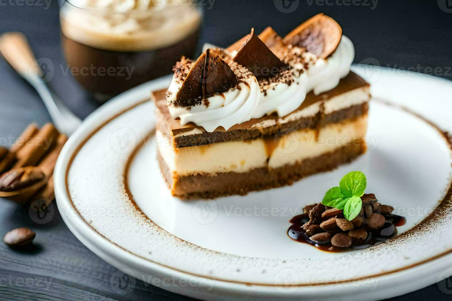 a slice of cake with whipped cream and chocolate on a white plate. AI-Generated photo