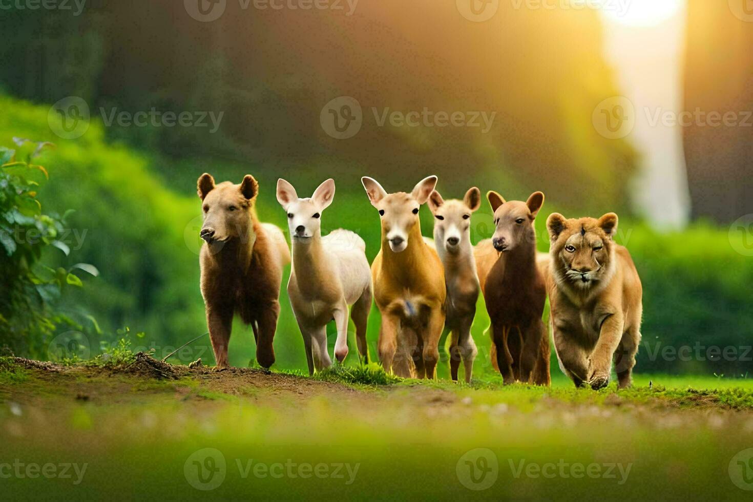 un grupo de ciervo y leones caminando en el césped. generado por ai foto