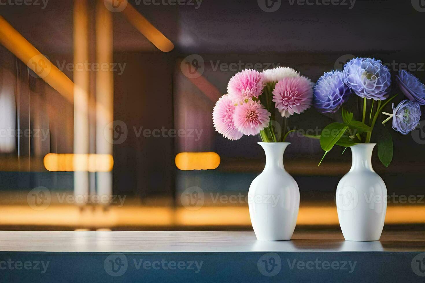 two vases with pink and purple flowers sit on a table. AI-Generated photo