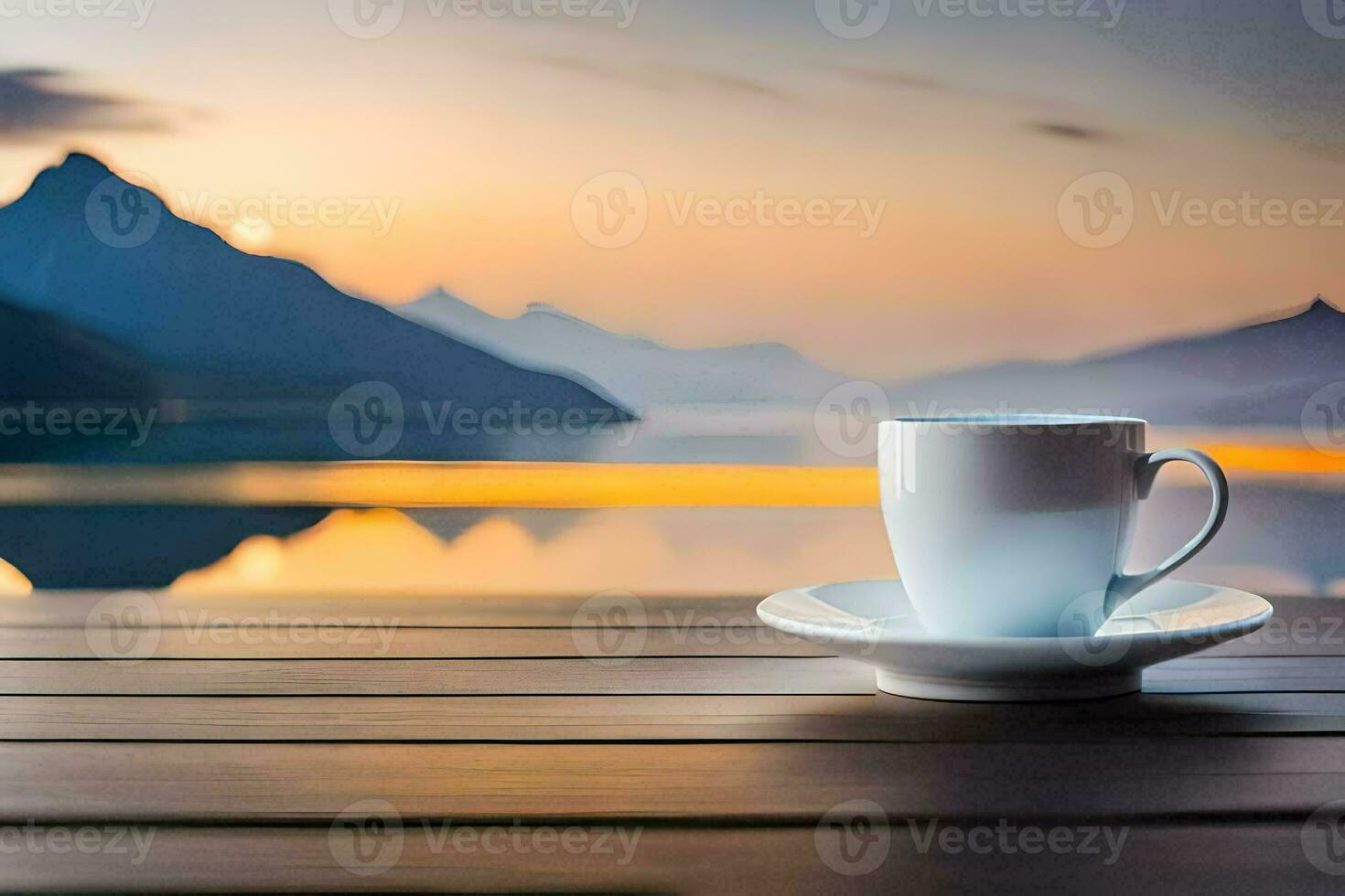coffee cup on the table with mountains in the background. AI-Generated photo