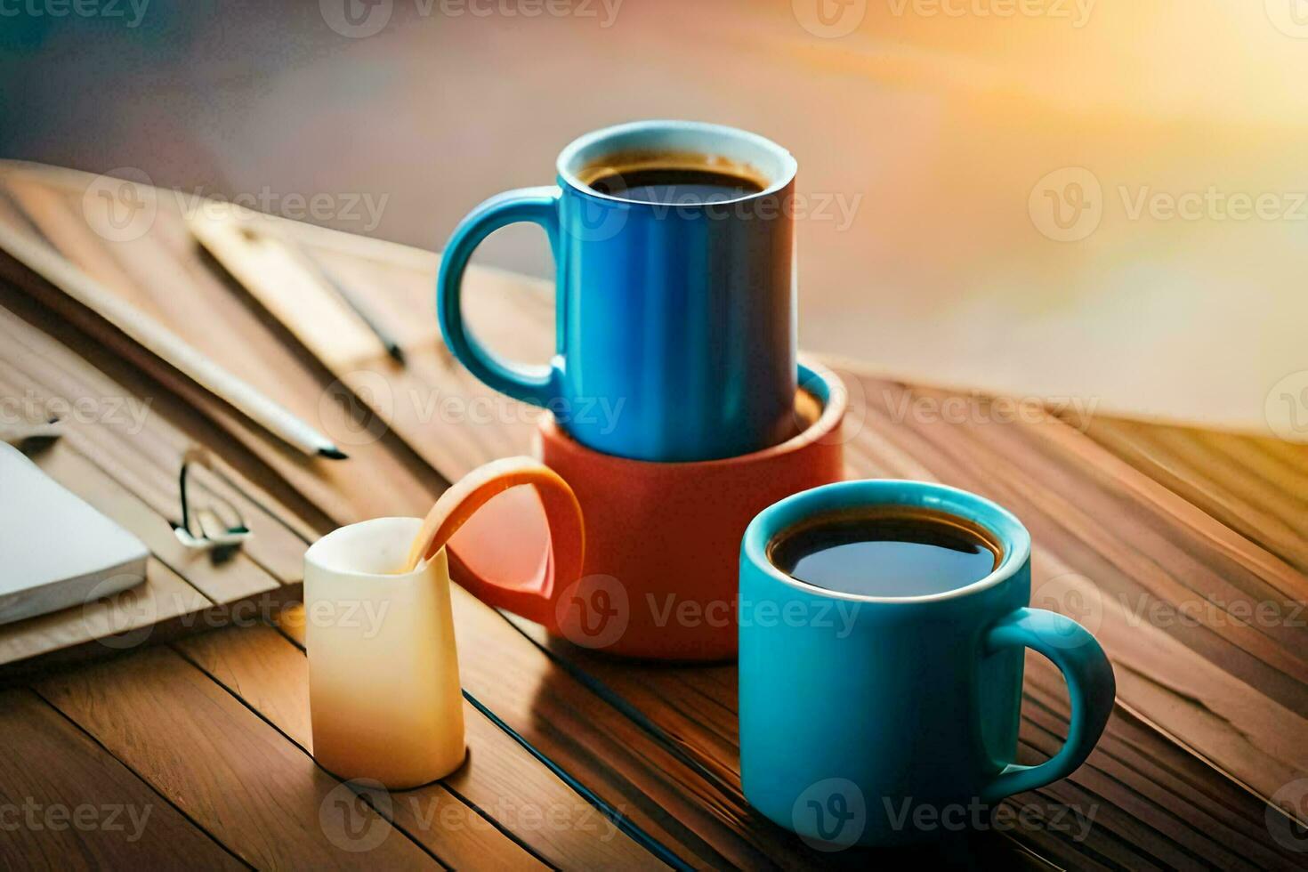 two coffee cups on a wooden table. AI-Generated photo