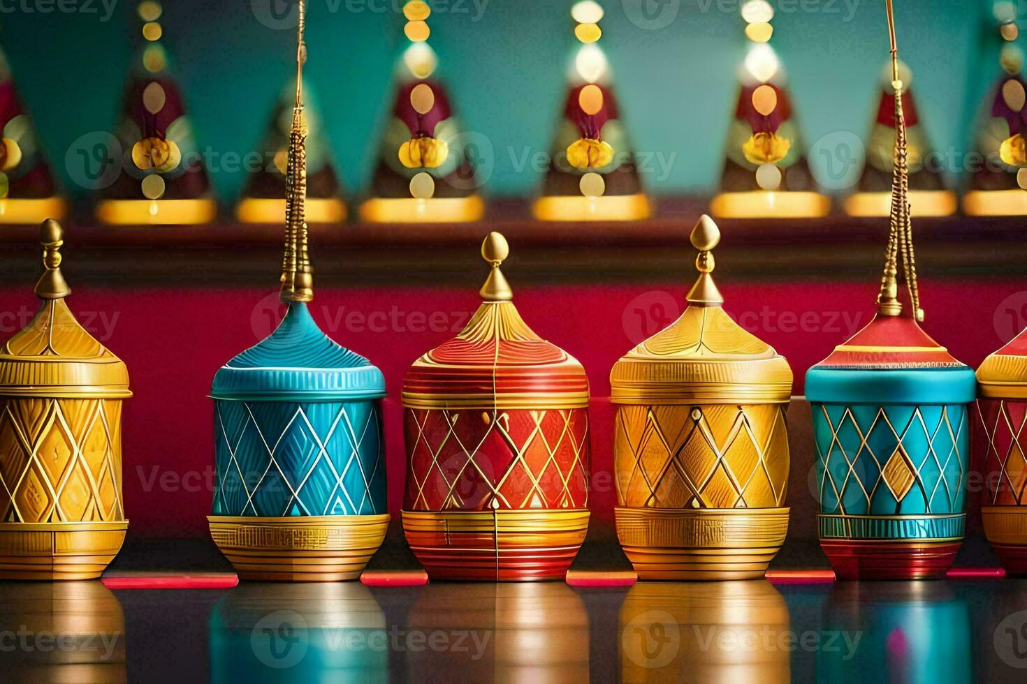 colorful lamps in a row on a table. AI-Generated photo