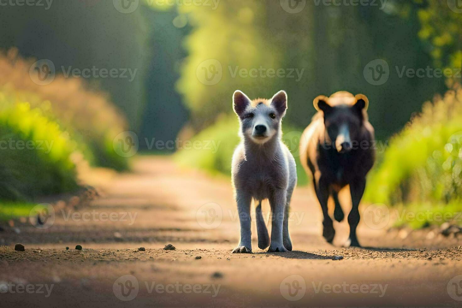 two dogs walking down a dirt road. AI-Generated photo