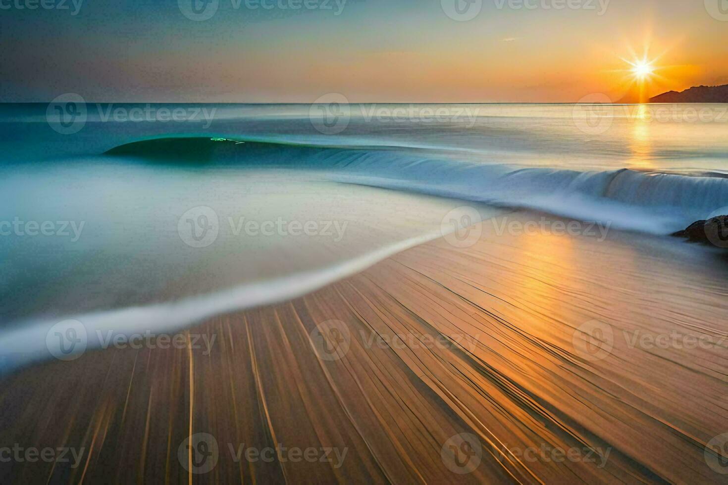 the sun rises over the ocean in this long exposure photograph. AI-Generated photo