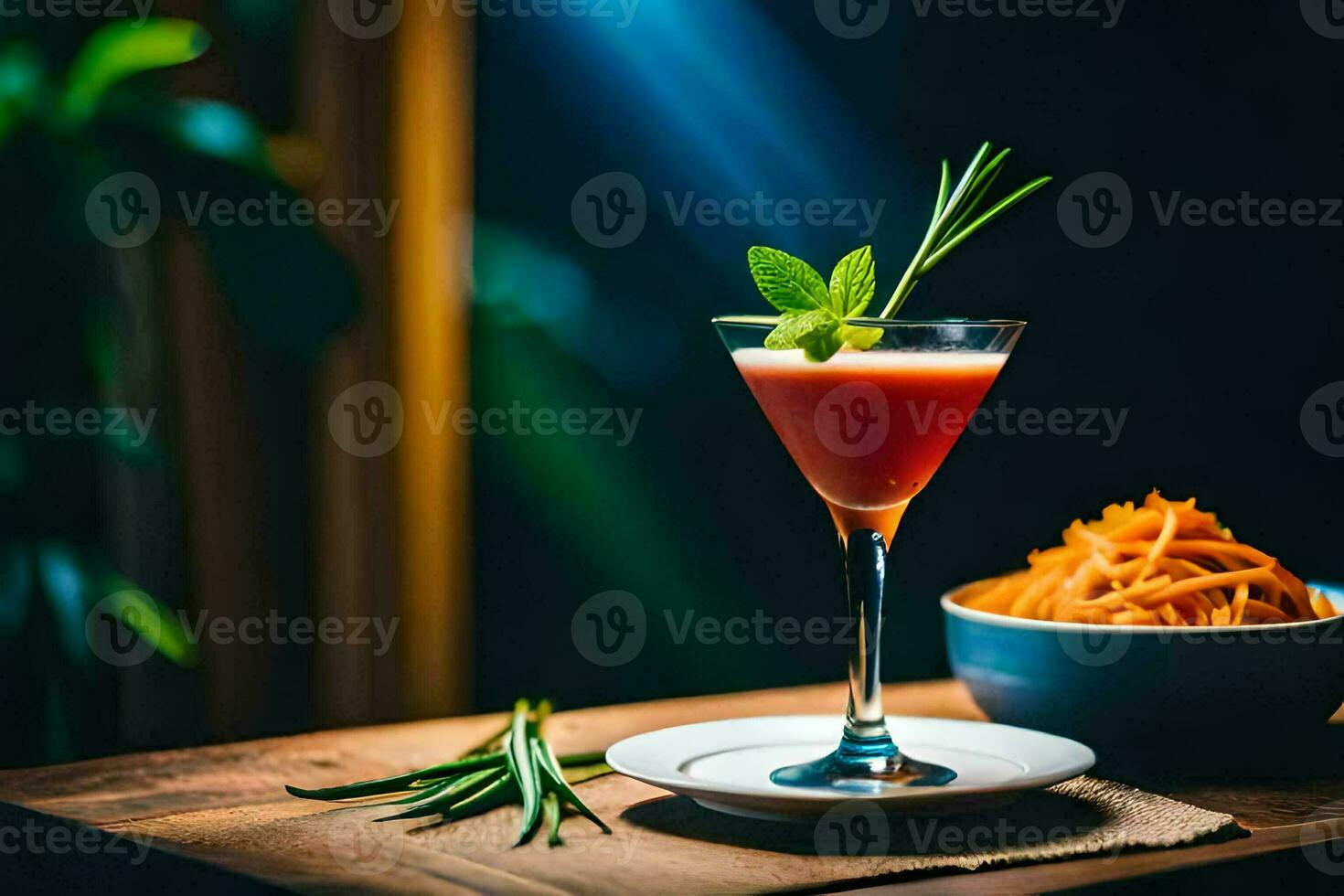 a cocktail with a garnish on a wooden table. AI-Generated photo